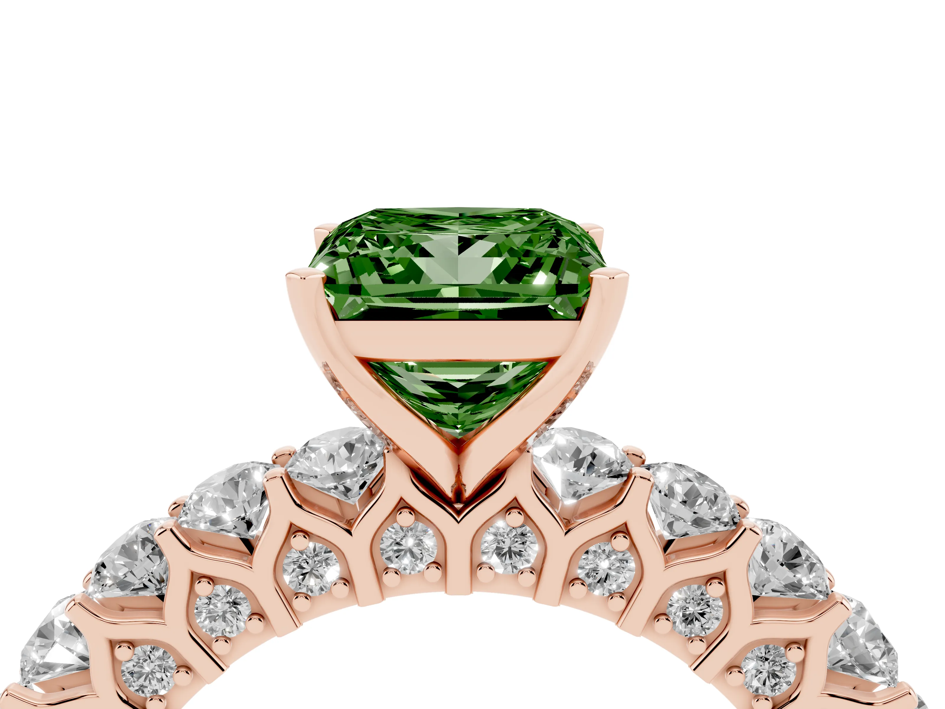 Fancy Green Princess Cut Diamond Solitaire Ring Set in Rose gold with Shared Prong Pavé Band