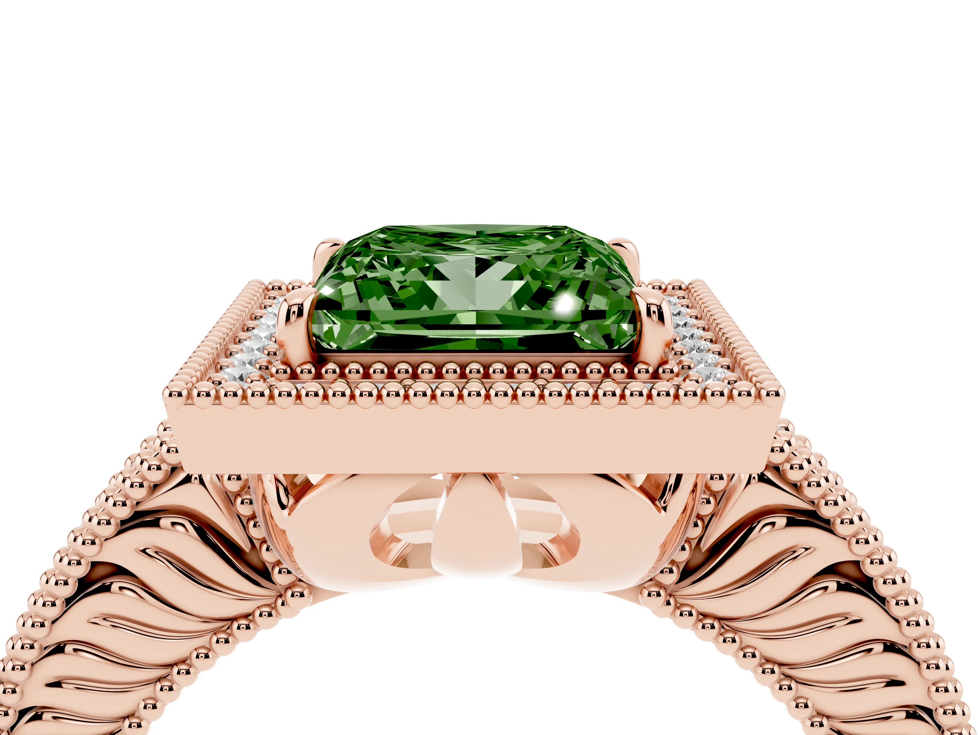 Fancy Green Princess Cut Diamond Halo Ring Set in Rose gold with Round Accent Halo, Pavé Band and Prong Setting