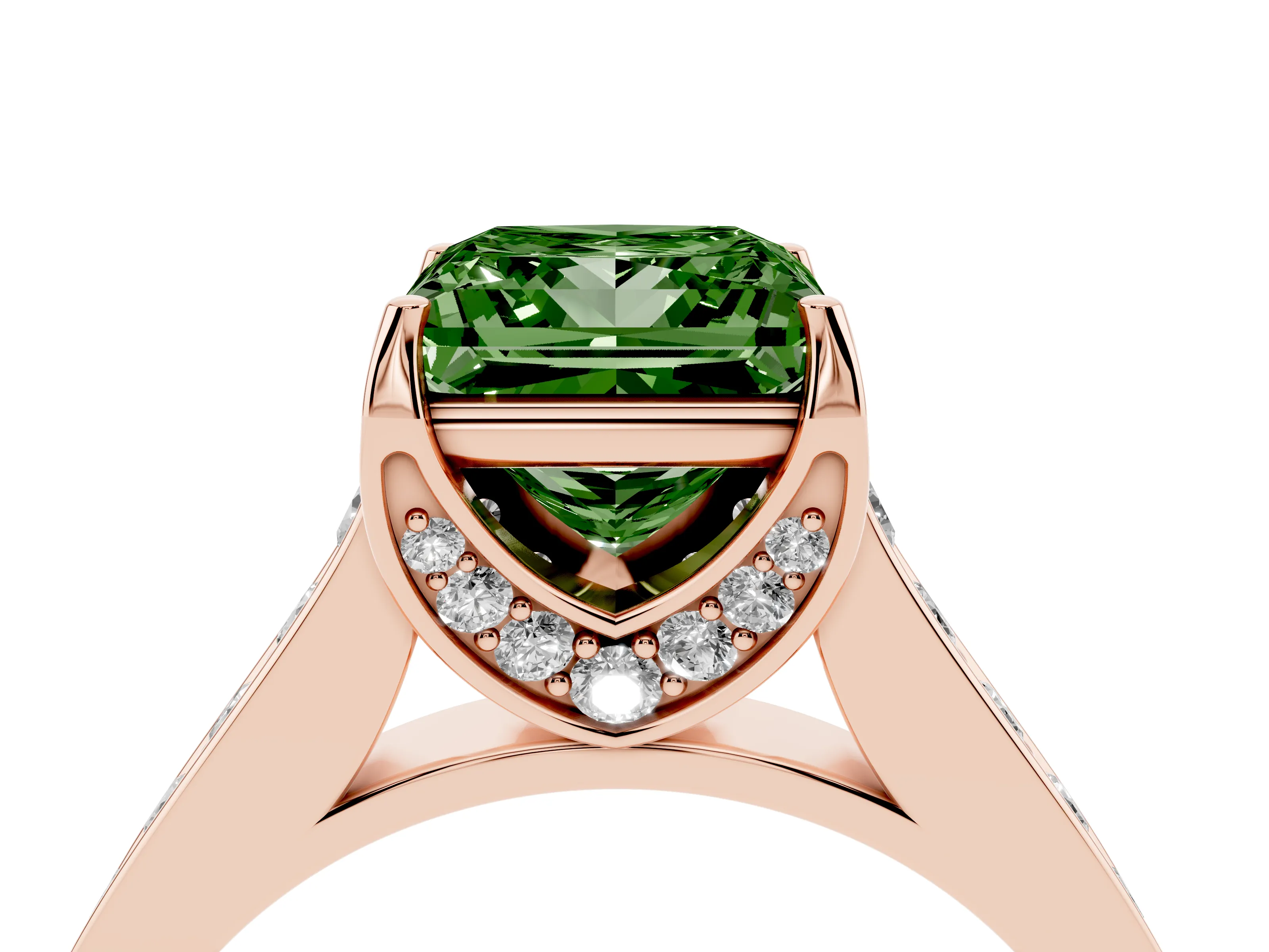 Fancy Green Princess Cut Diamond Solitaire Pavé Engagement Ring Set in Rose gold with Prong Setting