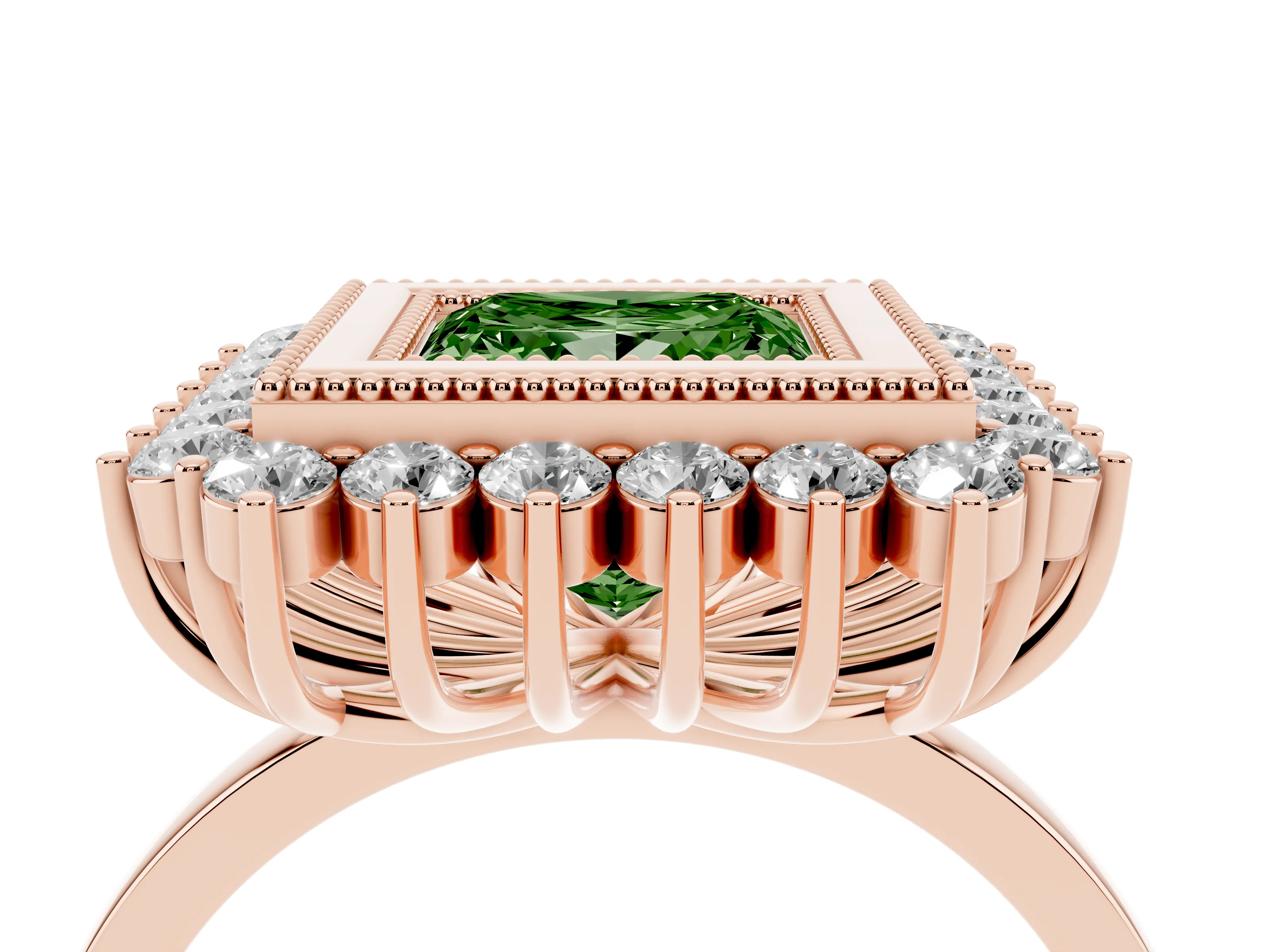 Fancy Green Princess Cut Diamond Halo Ring Set in Rose gold with Milgrain Edge and Round Prong Setting