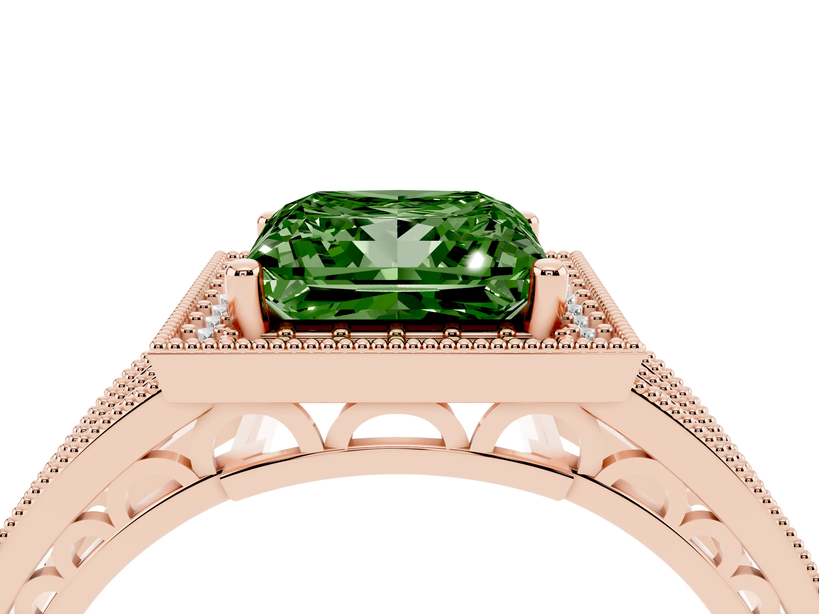 Fancy Green Princess Cut Diamond Halo Ring Set in Rose gold with Accent Split Shank and Prong Setting