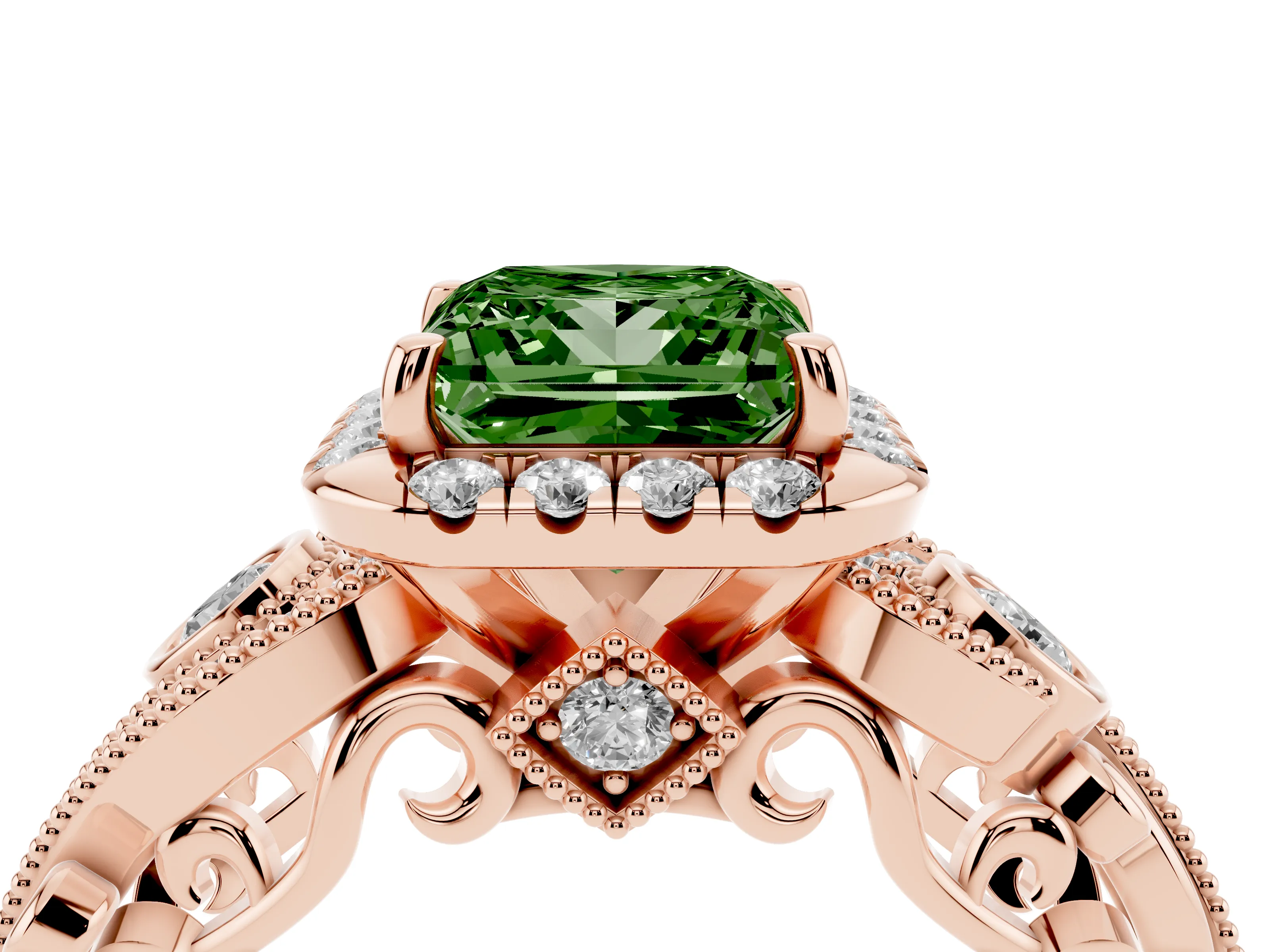 Fancy Green Princess Cut Diamond Halo Ring Set in Rose gold with Milgrain Pavé Band and Prong Setting