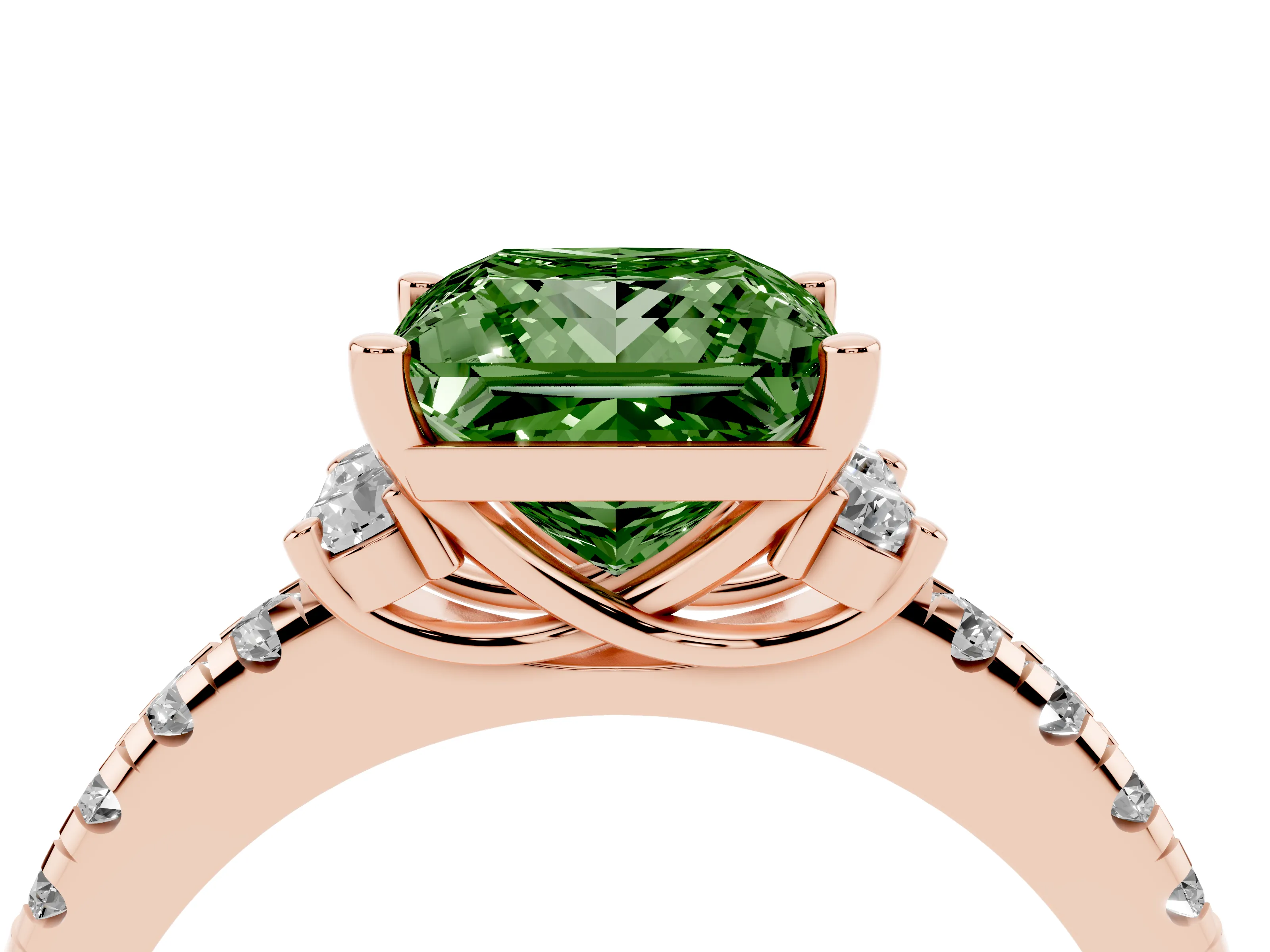 Fancy Green Princess Cut Diamond Three-Stone Pavé Ring Set in Rose gold with Prong Setting