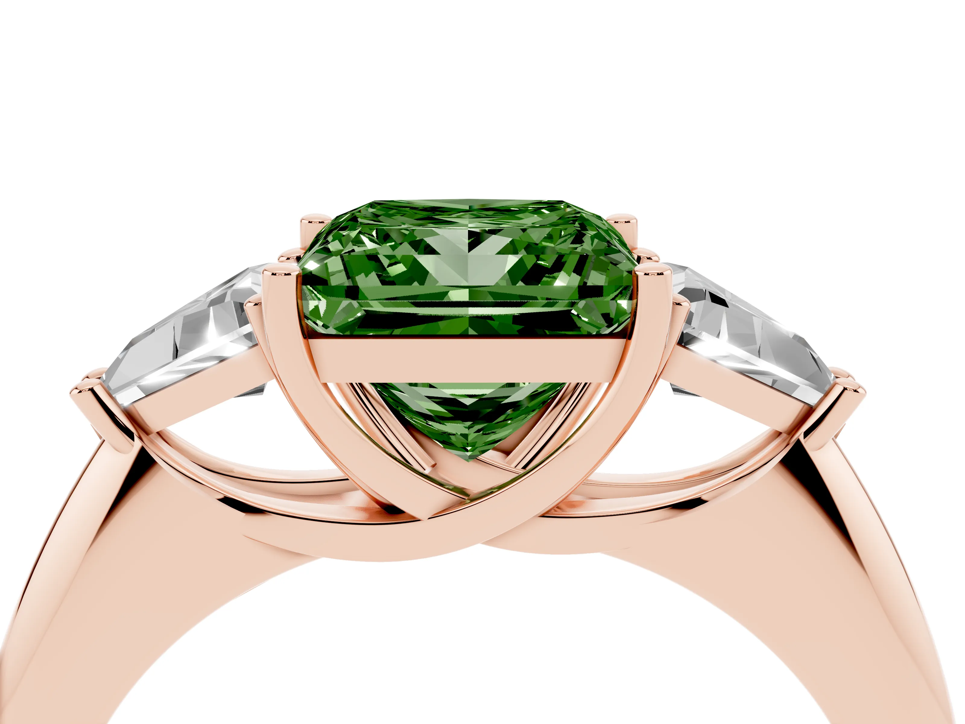 Fancy Green Princess Cut Diamond Three-Stone Engagement Ring Set in Rose gold with Trillion Side Stones