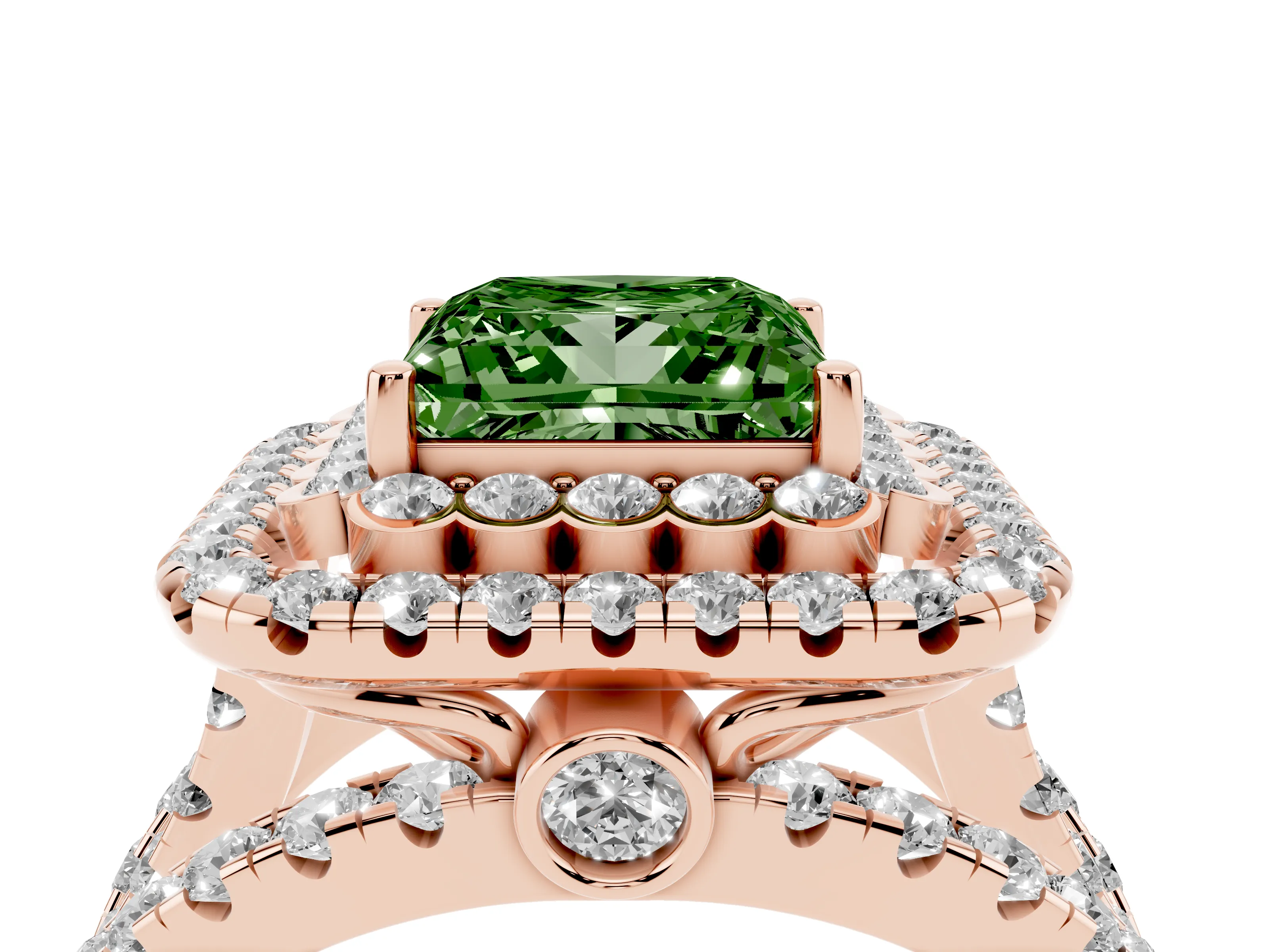 Fancy Green Princess Cut Diamond Double Halo Ring Set in Rose gold with Round Pavé Split Shank