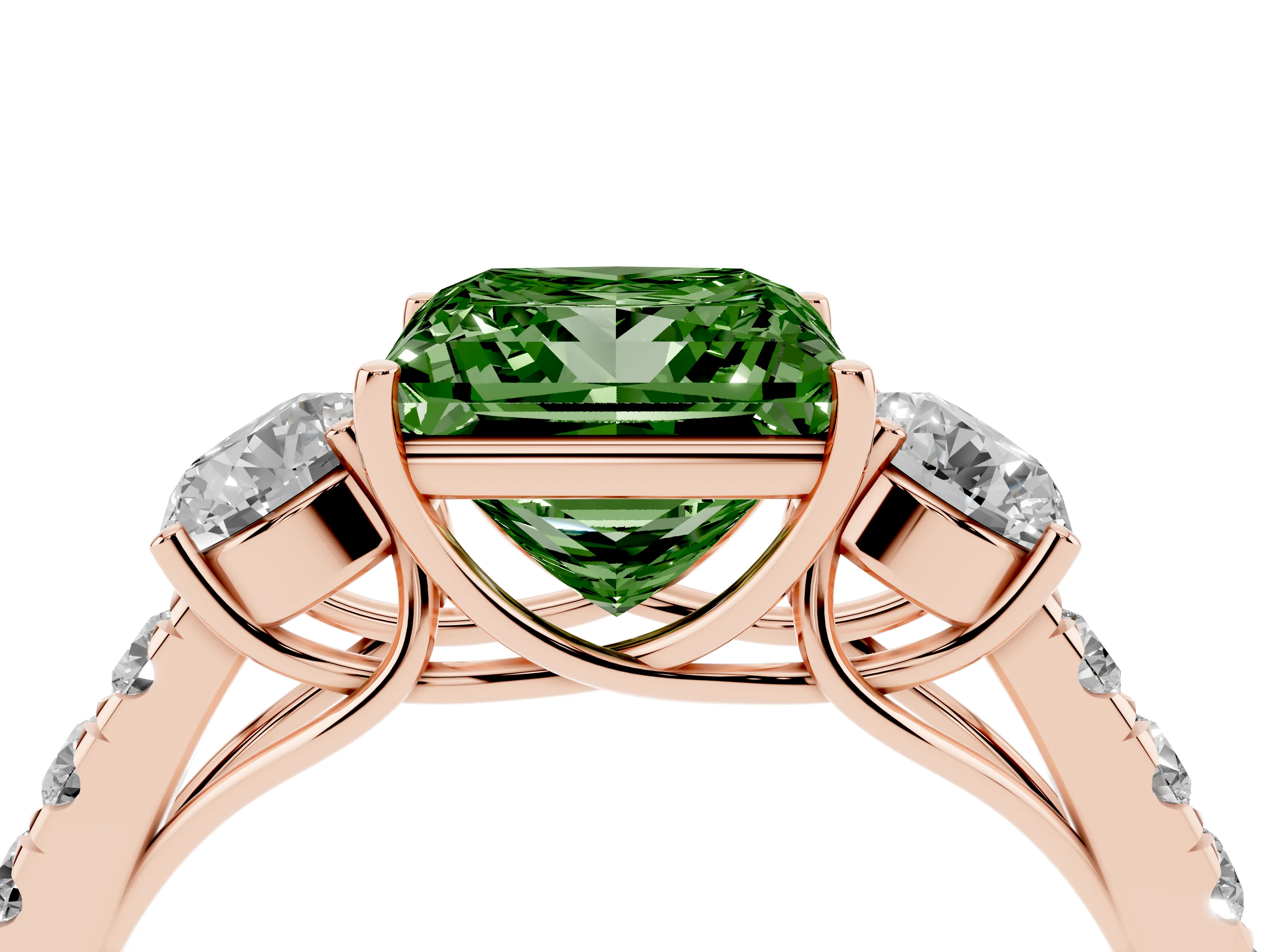 Fancy Green Princess Cut Diamond Three-Stone Ring Set in Rose gold with Round Side Stones and Delicate Pavé Band