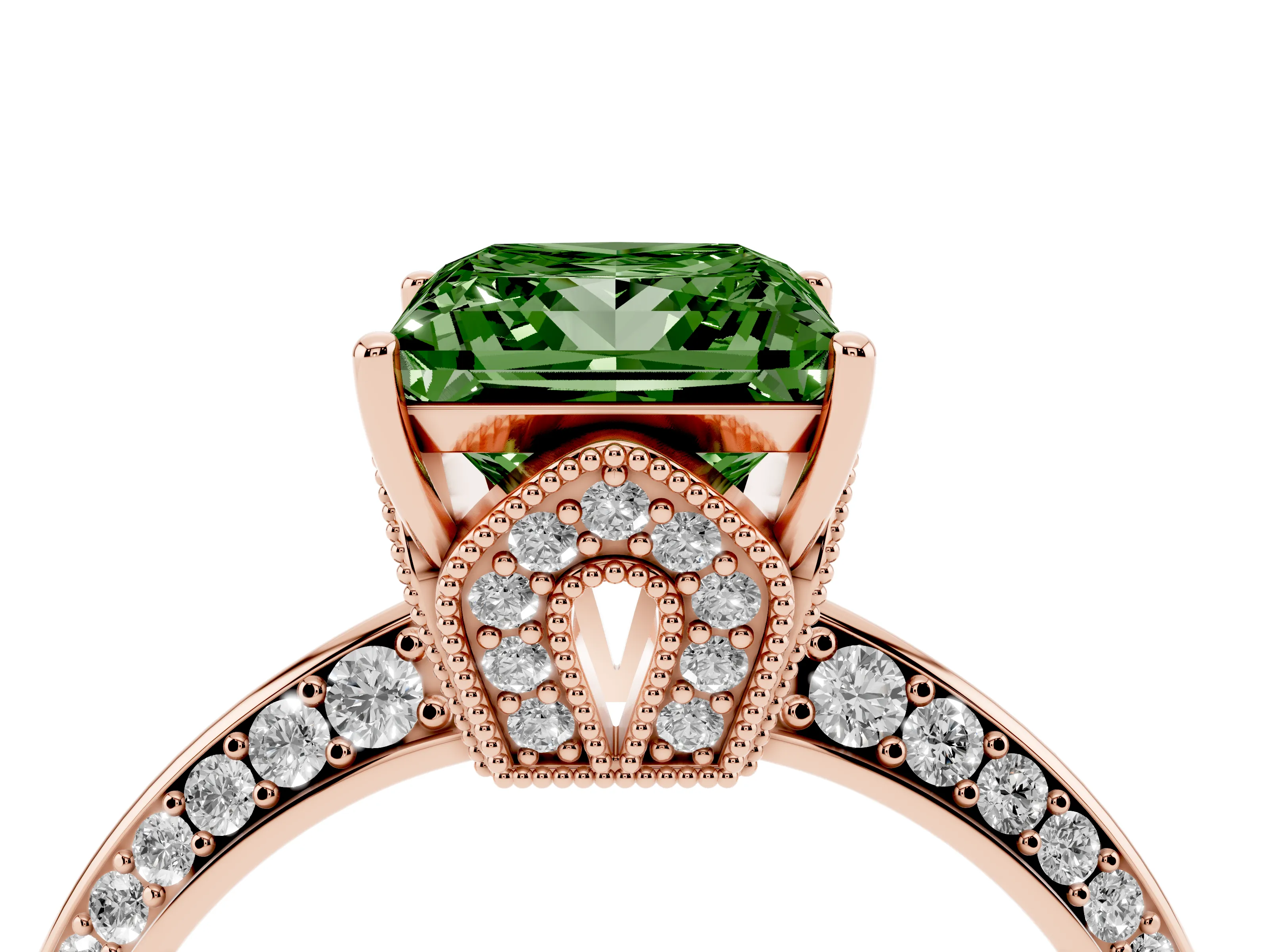 Fancy Green Princess Cut Diamond Solitaire Engagement Ring Set in Rose gold with Pavé Split Shank and Prong Setting