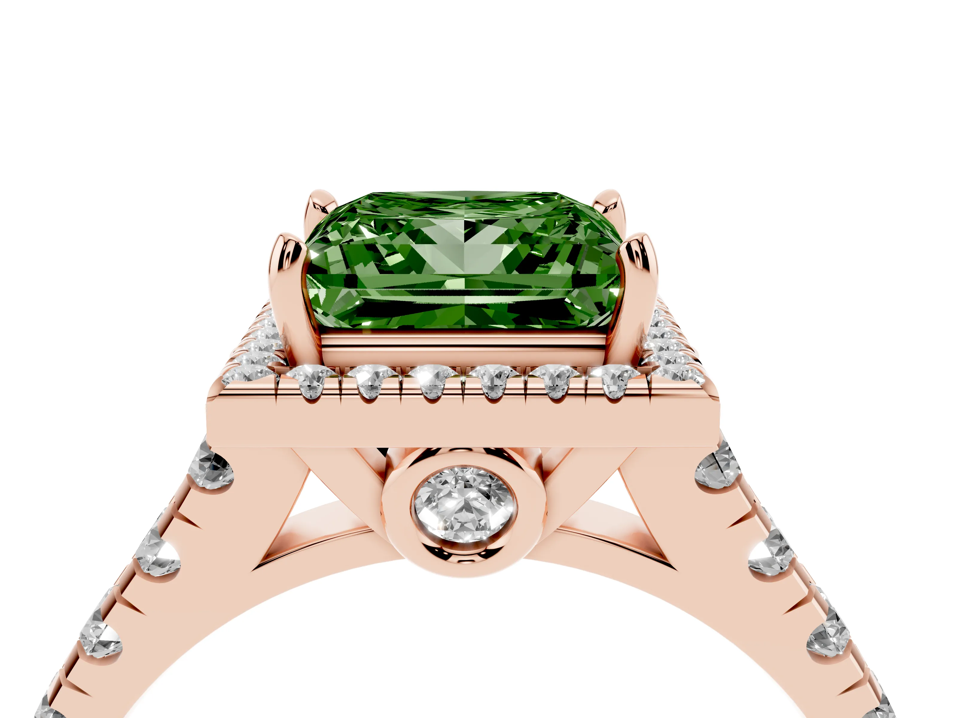 Fancy Green Princess Cut Diamond Halo Engagement Ring Set in Rose gold with Pavé Band and Prong-Set Center