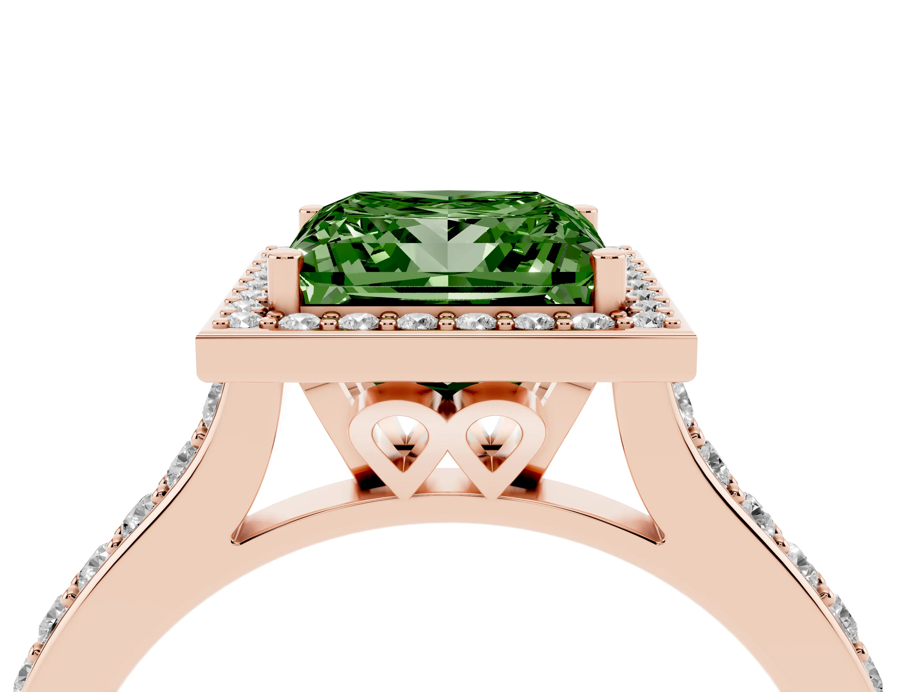 Fancy Green Princess Cut Diamond Halo Engagement Ring Set in Rose gold with Round Pavé Shoulders and Heart Gallery