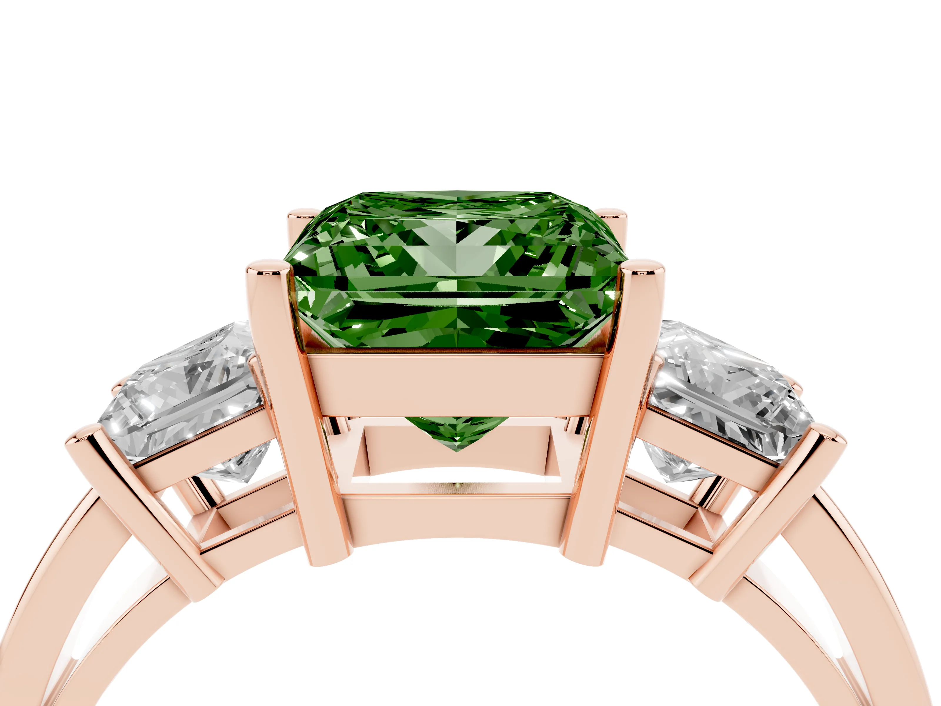Fancy Green Three-Stone Princess Cut Diamond Solitaire Ring Set in Rose gold with Prong Setting