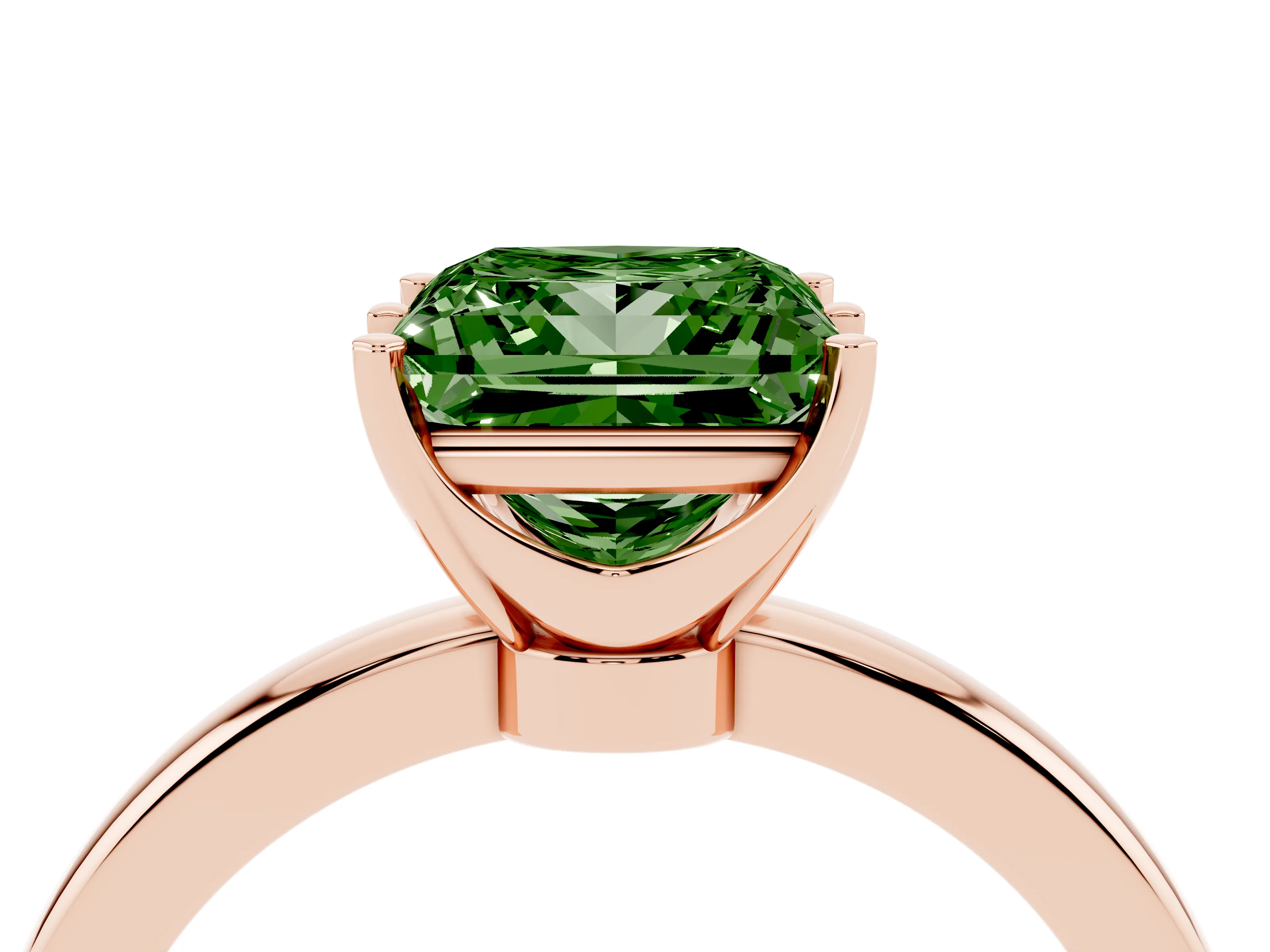 Fancy Green Princess Cut Diamond Solitaire Ring Set in Rose gold with Raised Prong Setting on a Classic Band