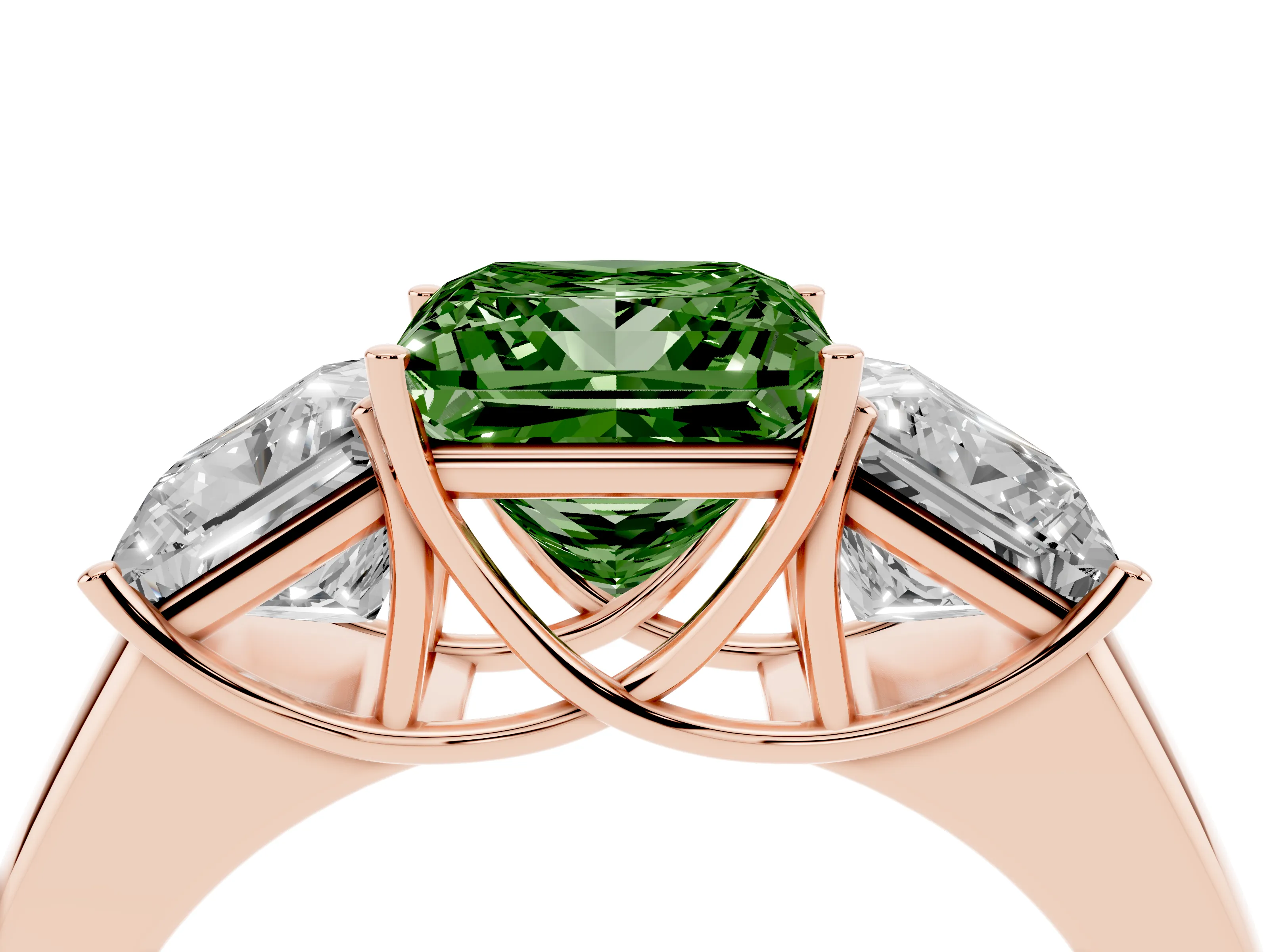 Fancy Green Three-Stone Princess Cut Diamond Ring Set in Rose gold with Matching Prong Settings and Plain Band