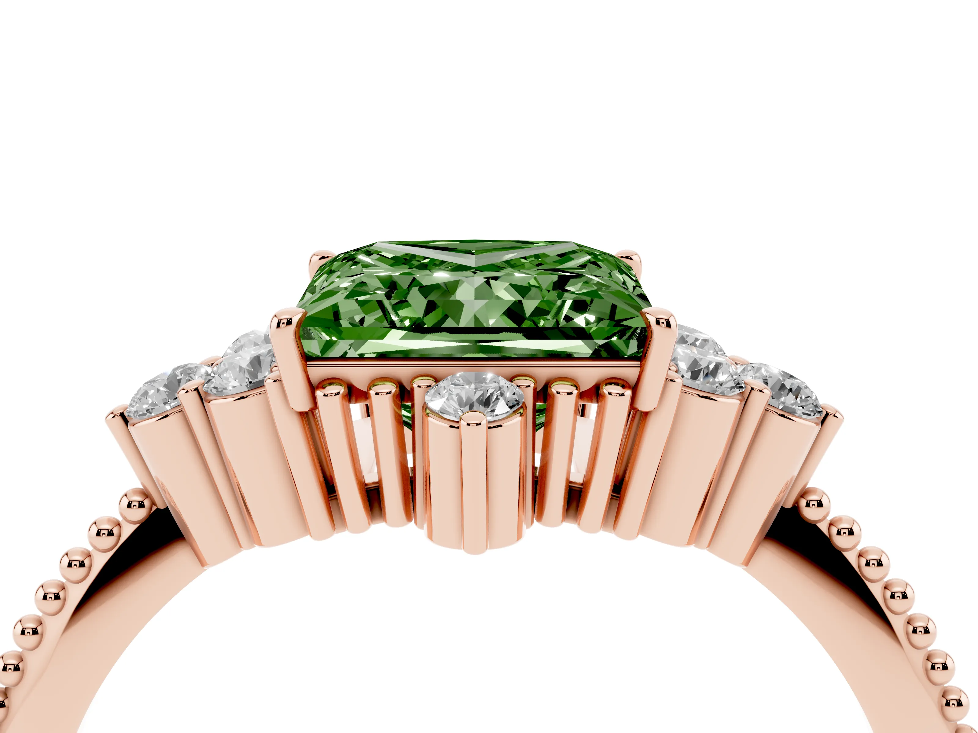 Fancy Green Princess Cut Diamond Cluster Ring Set in Rose gold with Beaded Band