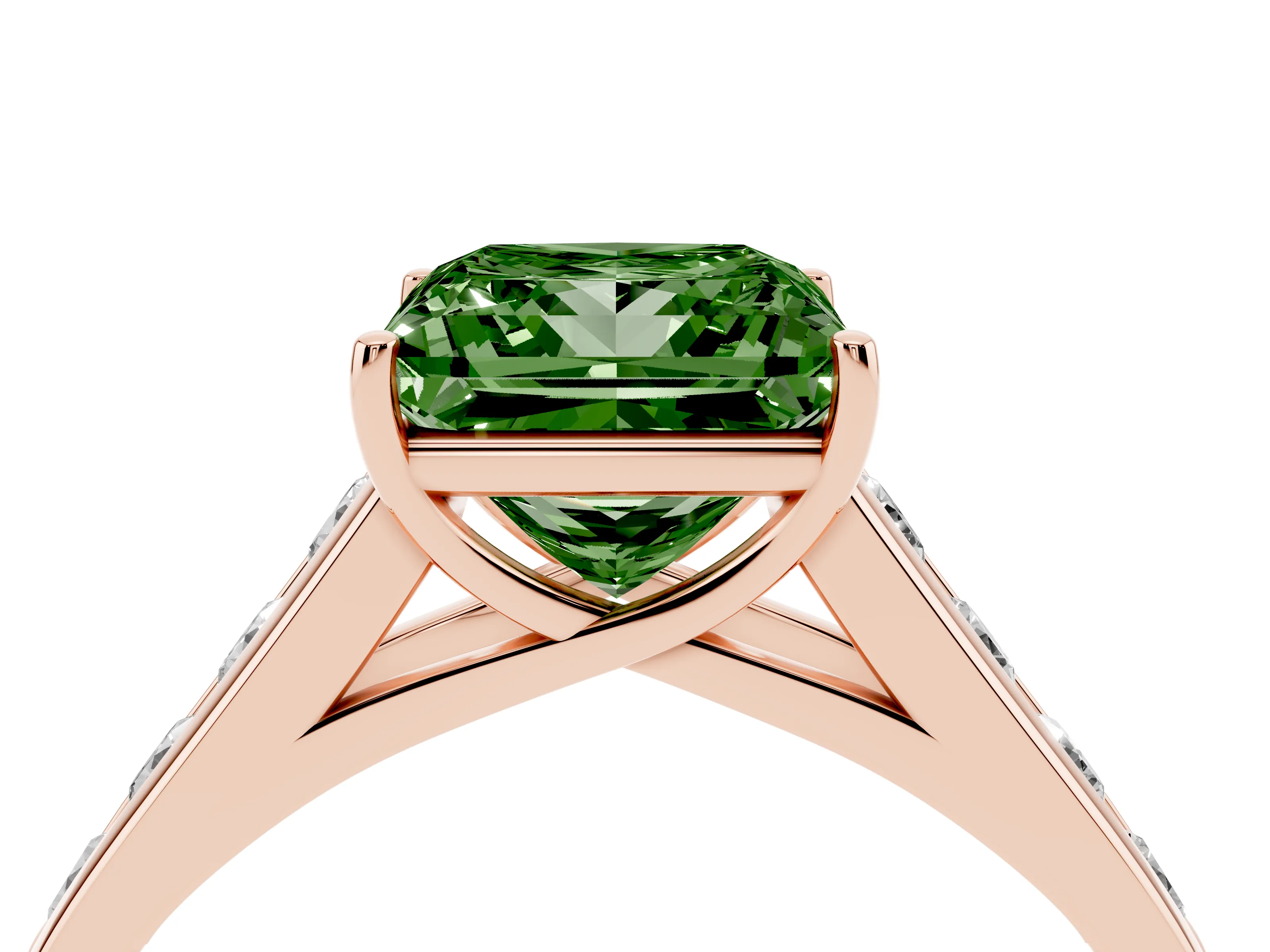 Fancy Green Princess Cut Diamond Solitaire Channel-Set Engagement Ring Set in Rose gold with Prong Setting