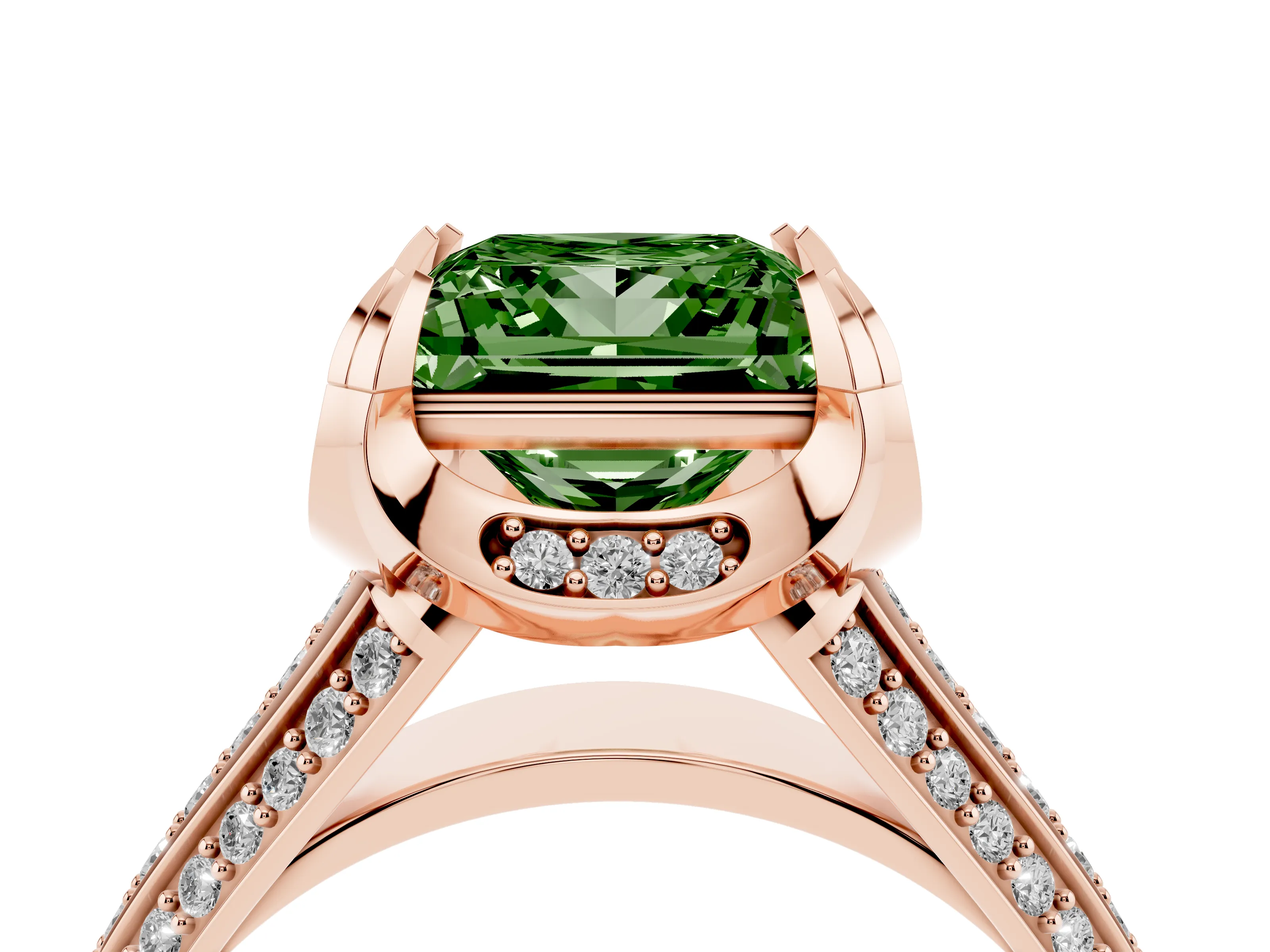 Fancy Green Princess Cut Diamond Pavé Split Shank Solitaire Ring Set in Rose gold with Prong Setting