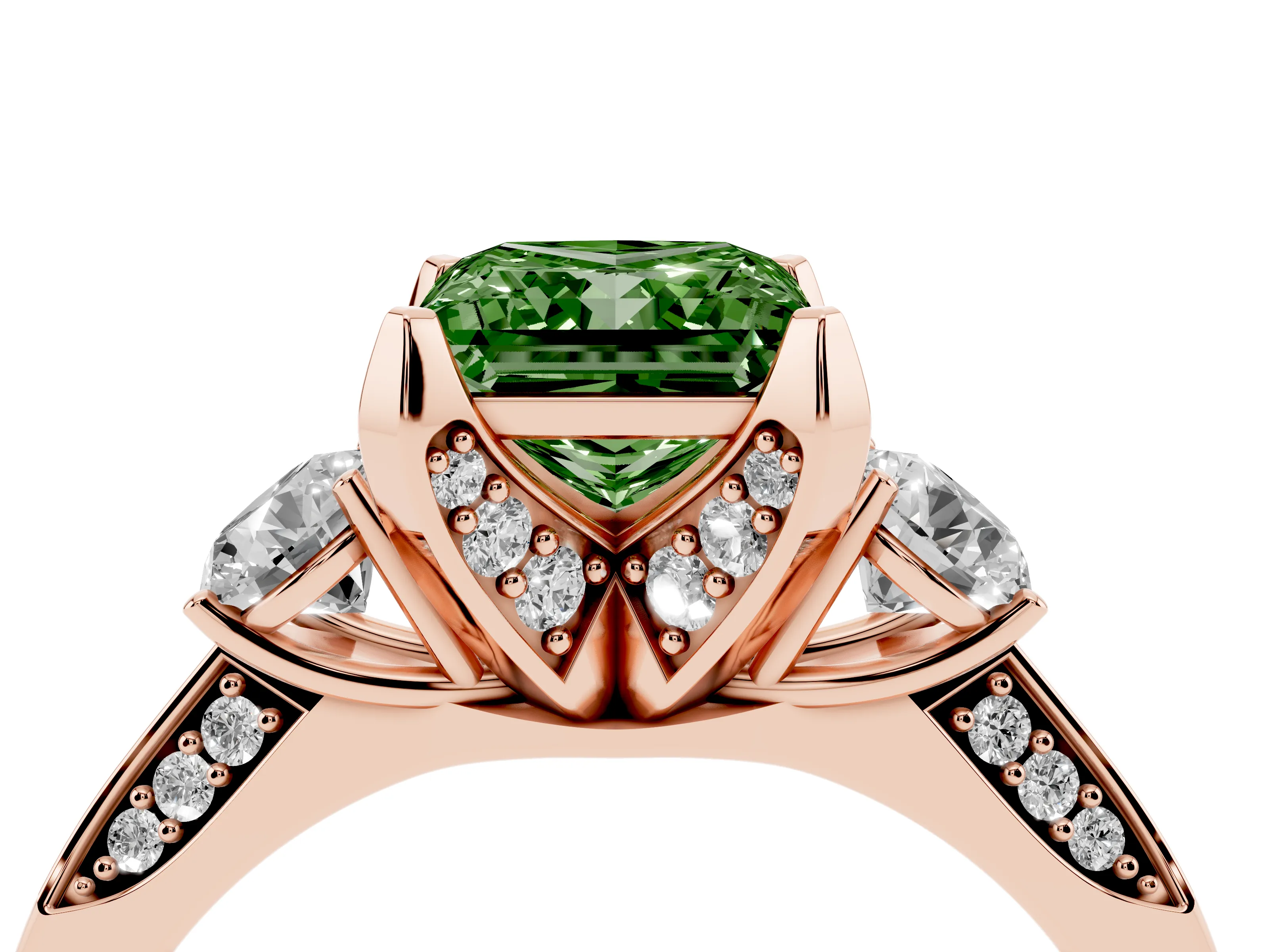 Fancy Green Princess Cut Diamond Three-Stone Ring Set in Rose gold with Pavé Band and Smaller Side Stones