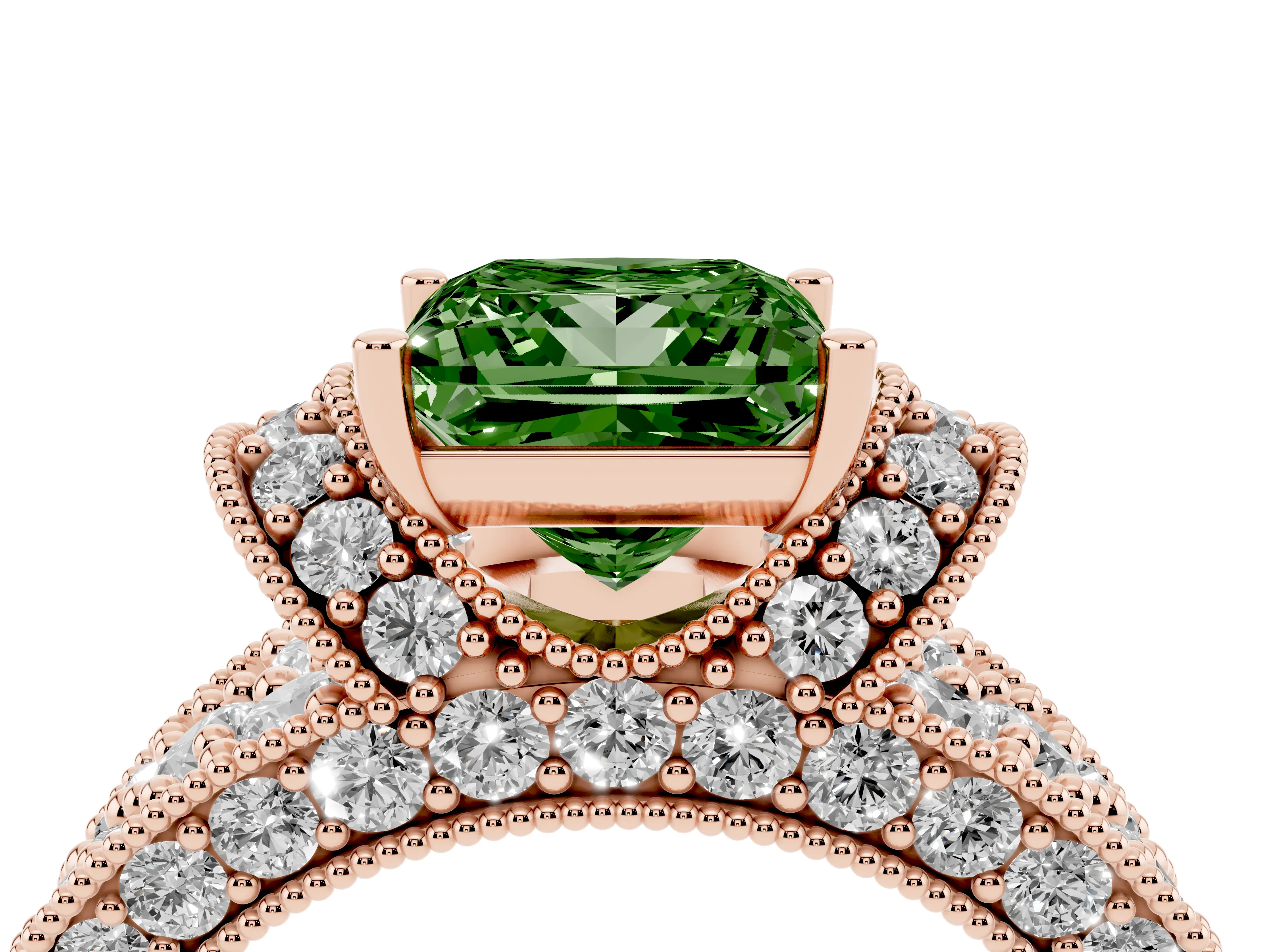 Fancy Green Princess Cut Diamond Milgrain Halo Pavé Engagement Ring Set in Rose gold with Prong Setting