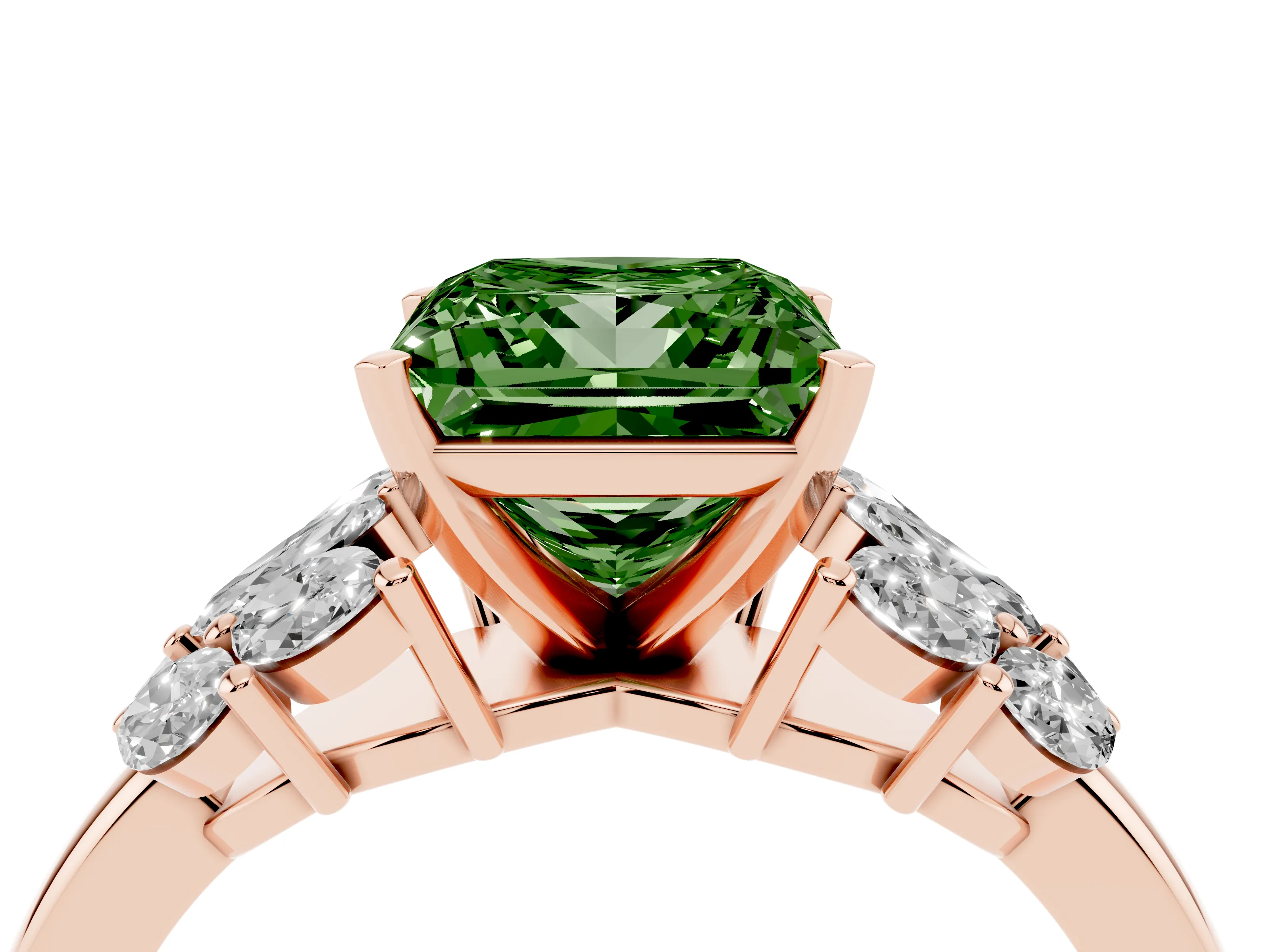 Fancy Green Princess Cut Diamond Cluster Leaf Design Ring Set in Rose gold with Prong Setting