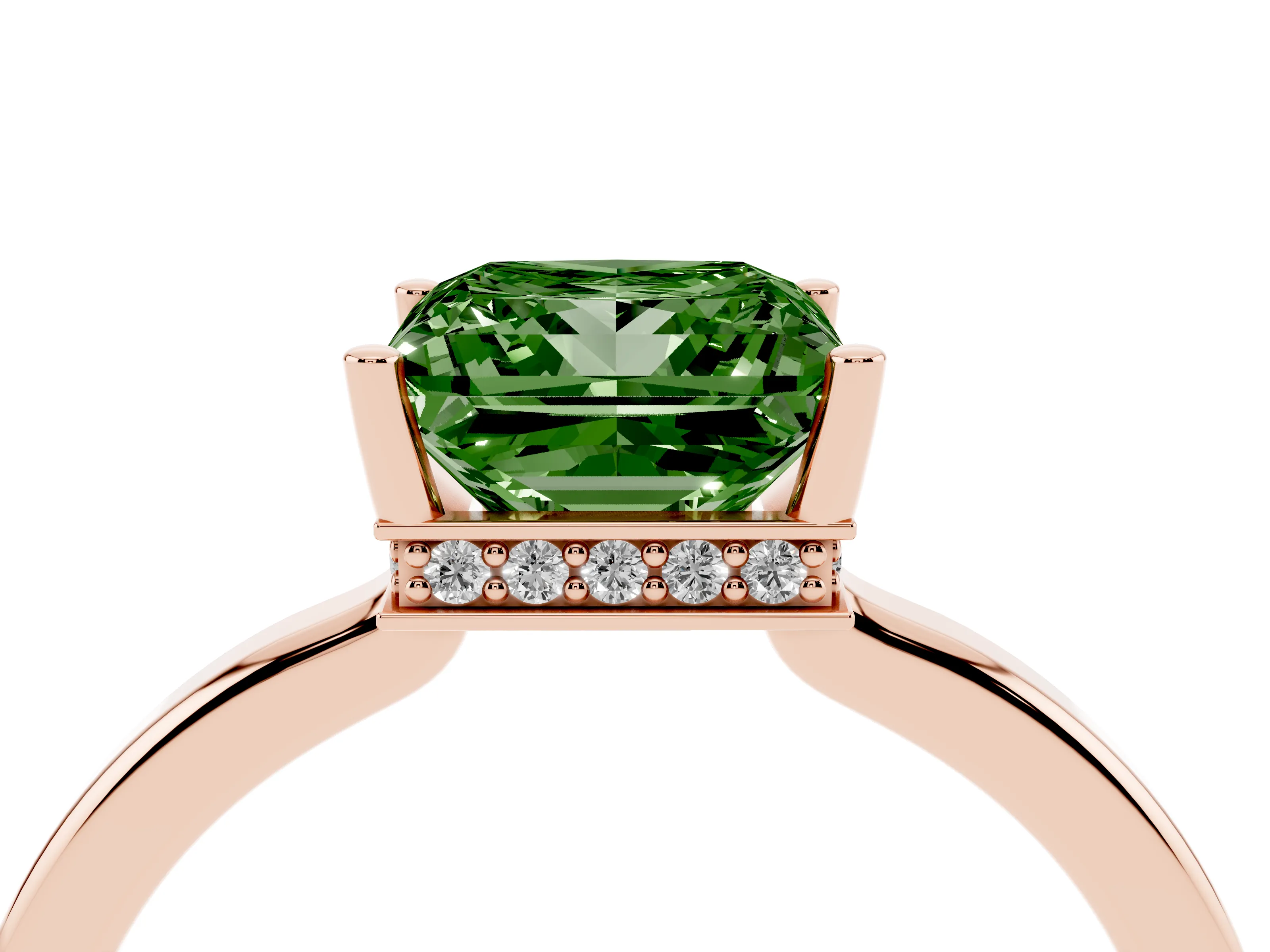 Fancy Green Princess Cut Diamond Solitaire Engagement Ring Set in Rose gold with Prong Setting on a Plain Band