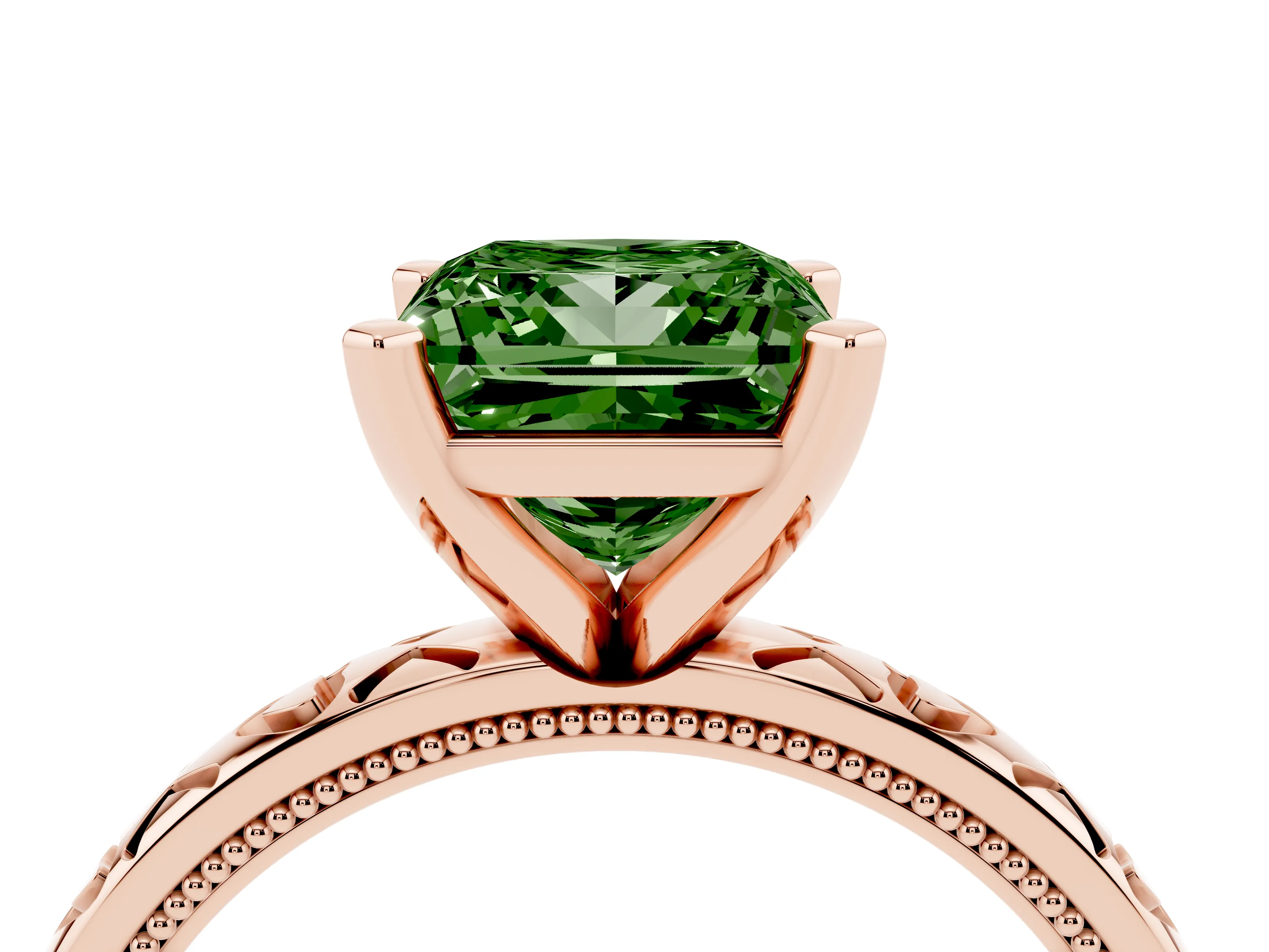 Fancy Green Princess Cut Diamond Solitaire Engagement Ring Set in Rose gold with XO Engraved Band and Prong Setting