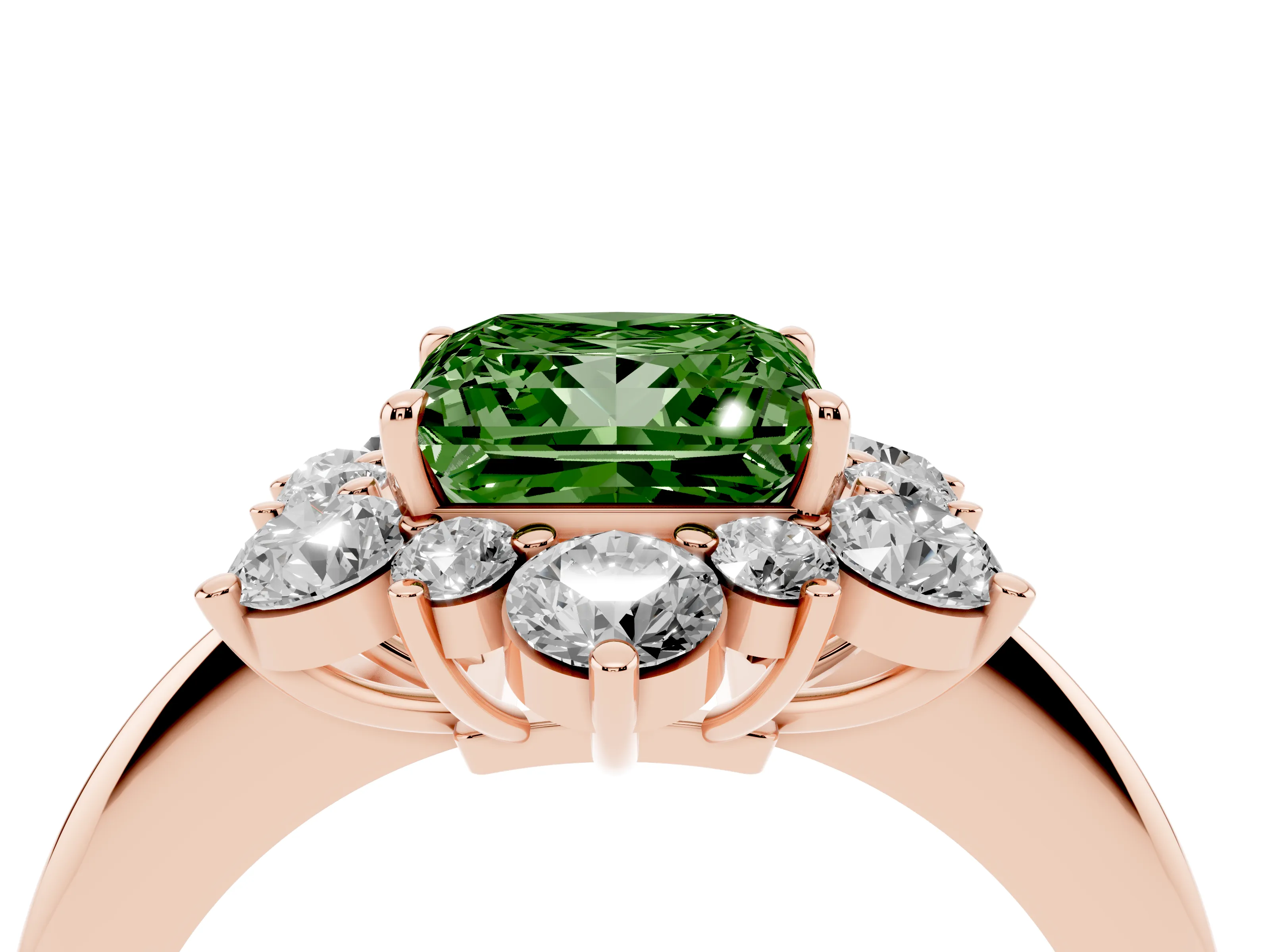 Fancy Green Princess Cut Diamond Cluster Halo Ring Set in Rose gold with Solitaire Band and Prong Setting