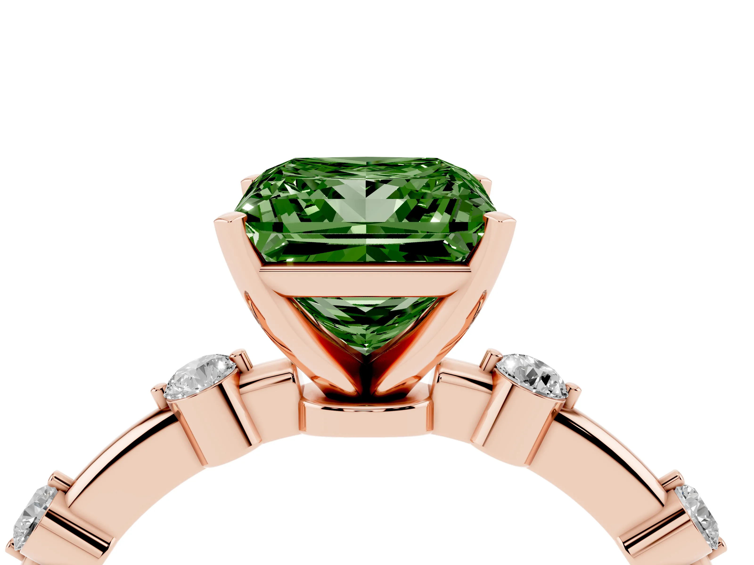 Fancy Green Princess Cut Diamond Solitaire Ring Set in Rose gold with Bezel Set Side Stones and Prong Setting