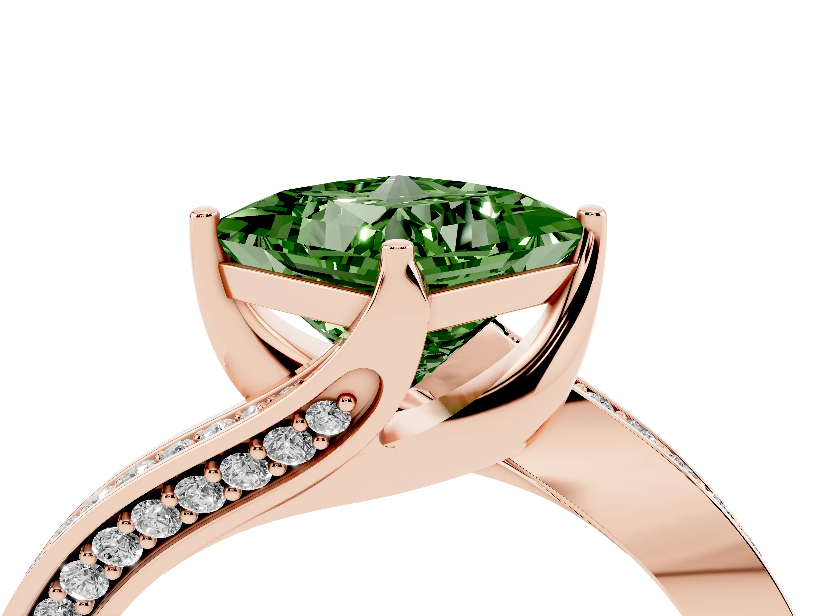 Fancy Green Princess Cut Diamond Solitaire Ring Set in Rose gold with Intertwined Pavé Twist Band
