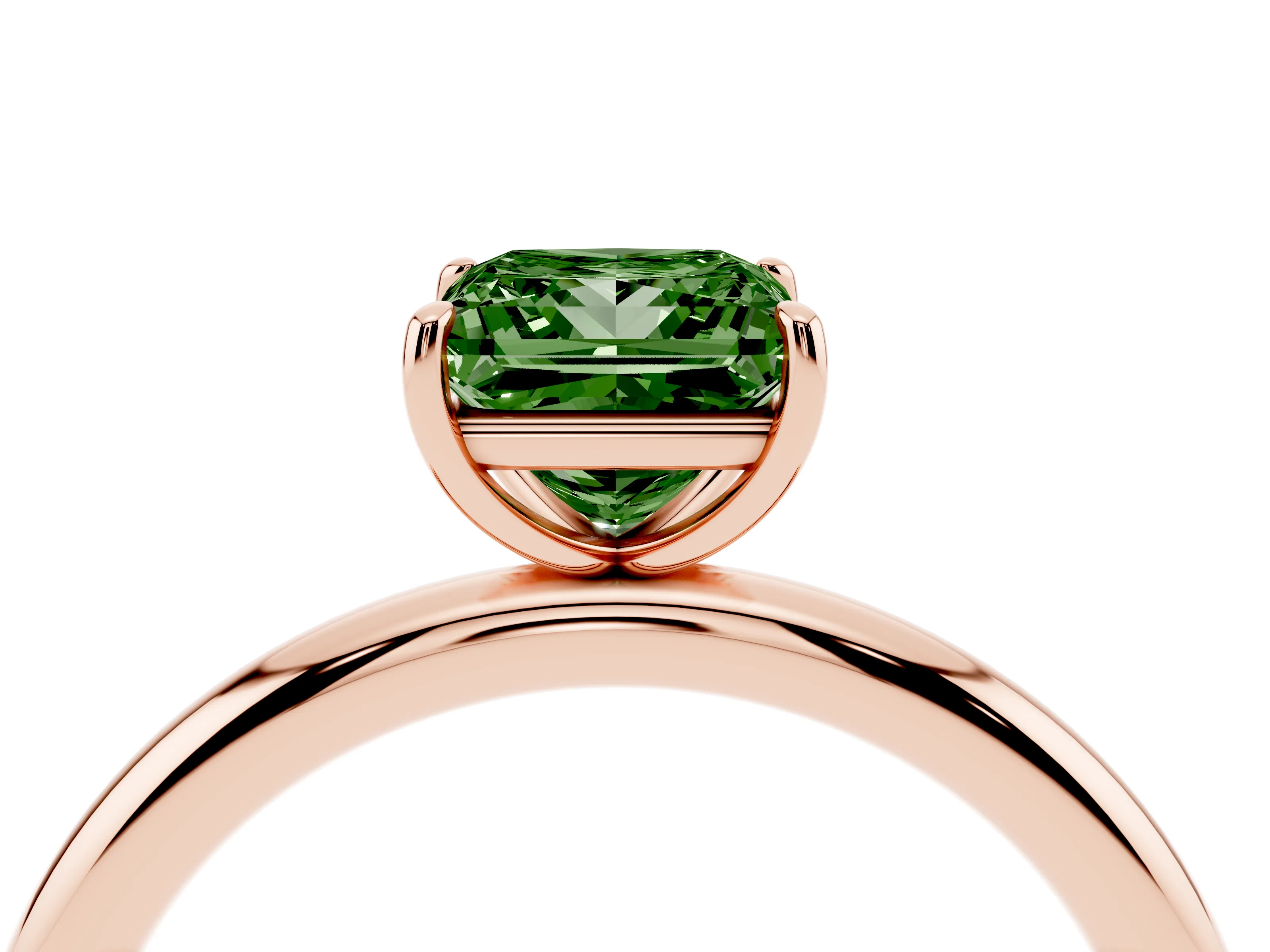 Fancy Green Princess Cut Diamond Solitaire Ring Set in Rose gold with Prong Setting on a Polished Plain Band