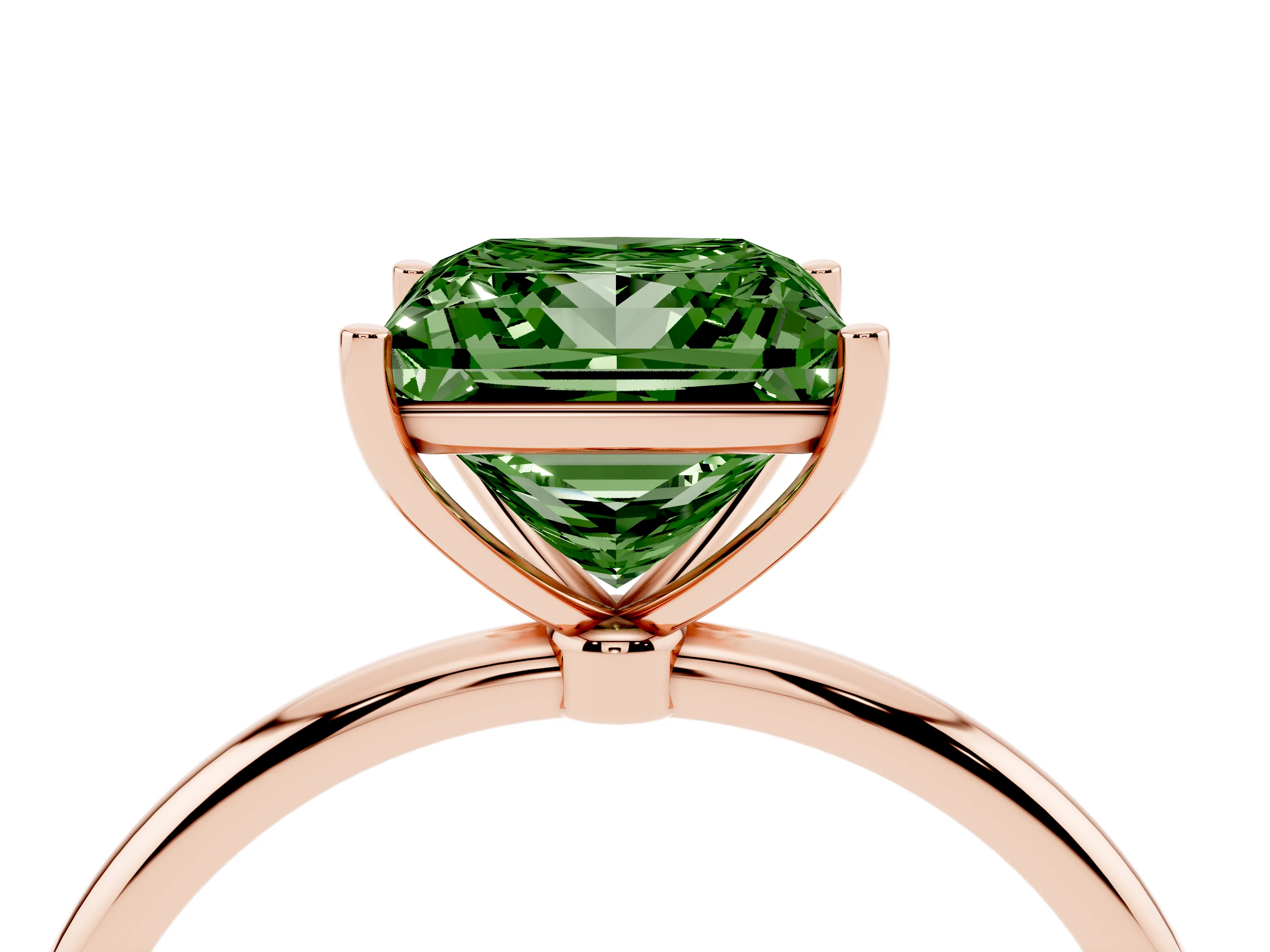 Fancy Green Princess Cut Diamond Solitaire Engagement Ring Set in Rose gold with Thin Band and Prong Setting
