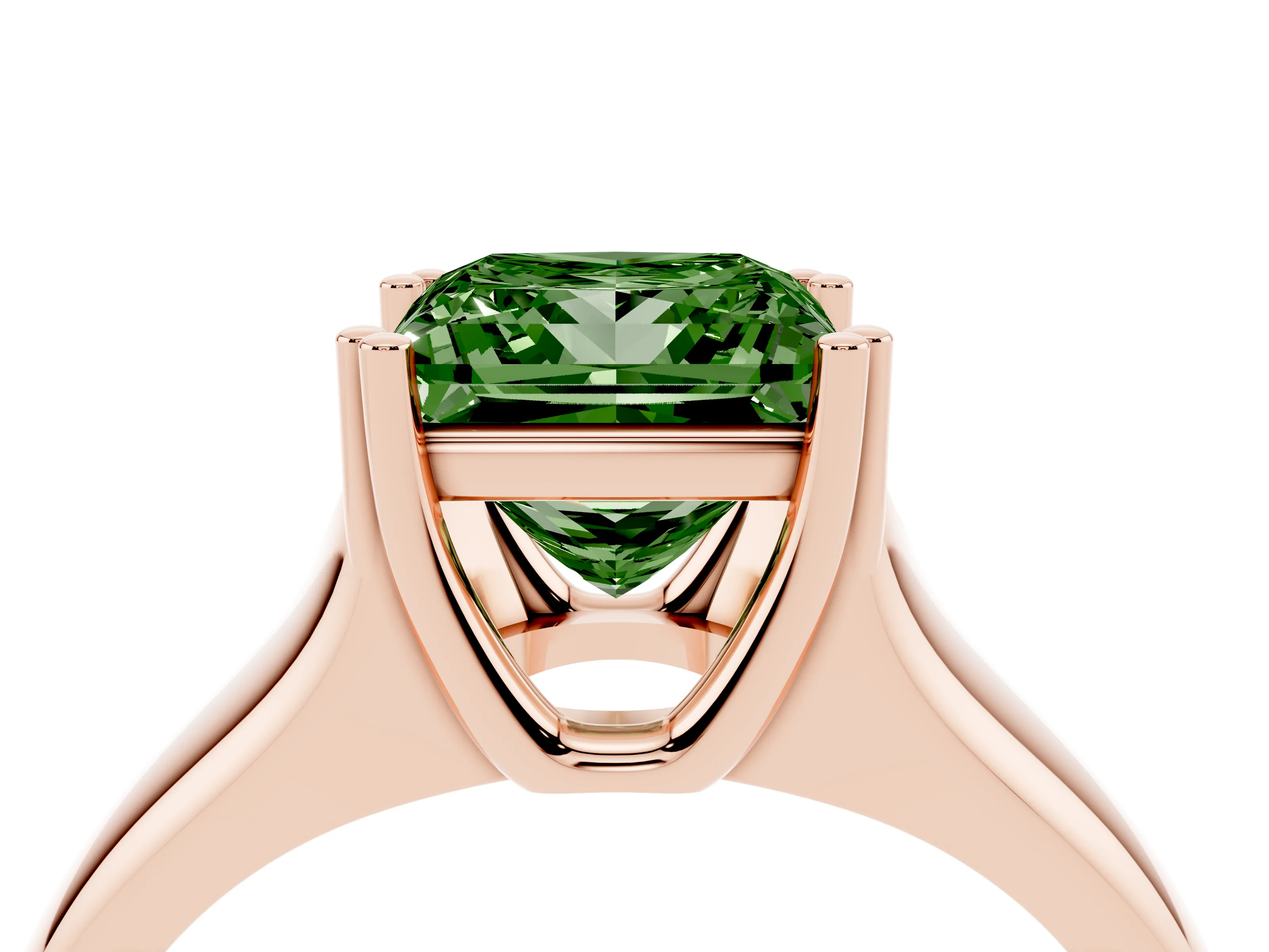Fancy Green Princess Cut Diamond Solitaire Ring Set in Rose gold with Wide Band and Prong Setting