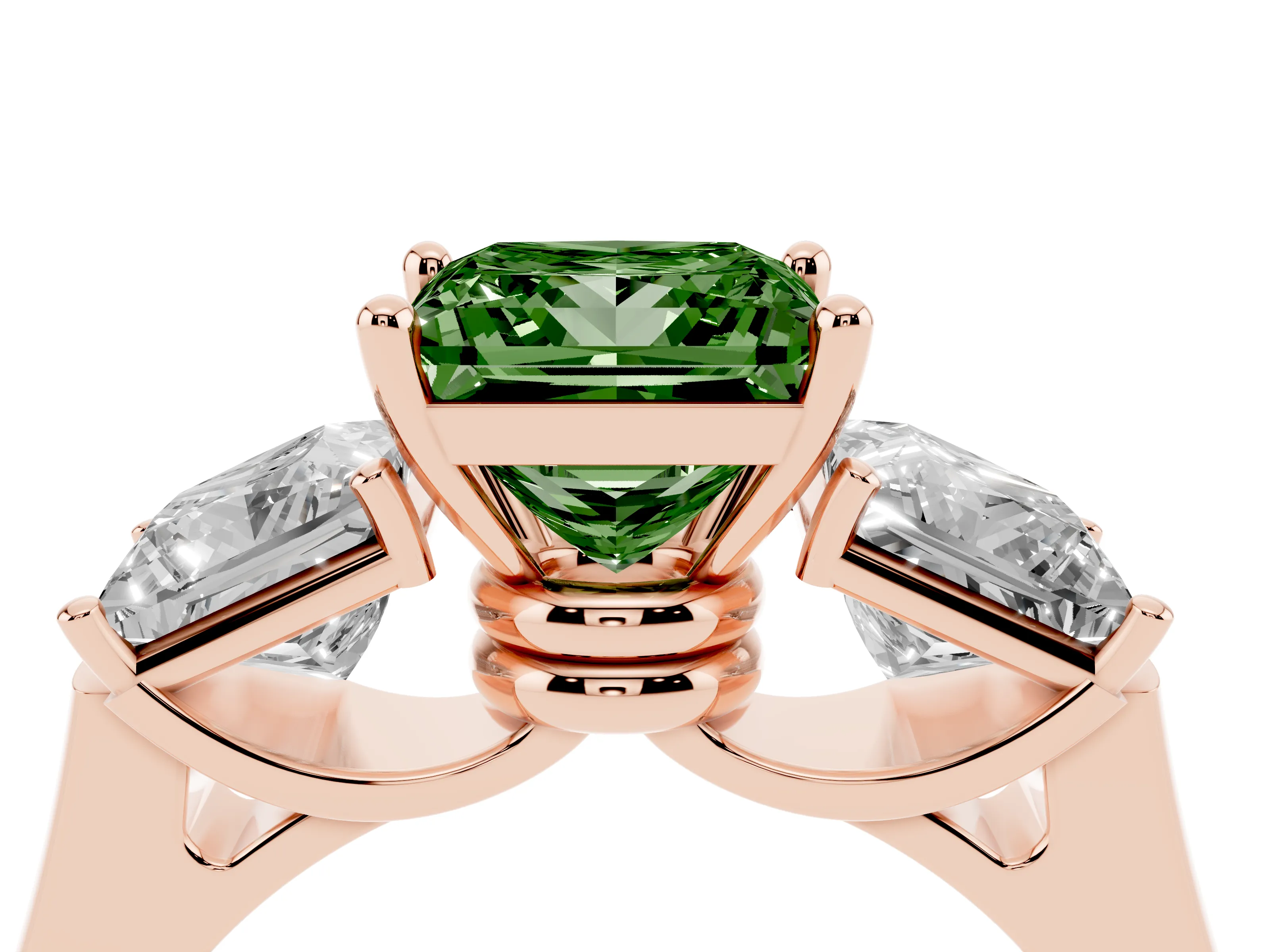 Fancy Green Princess Cut Diamond Three-Stone Trellis Ring Set in Rose gold with Comfort Fit Band