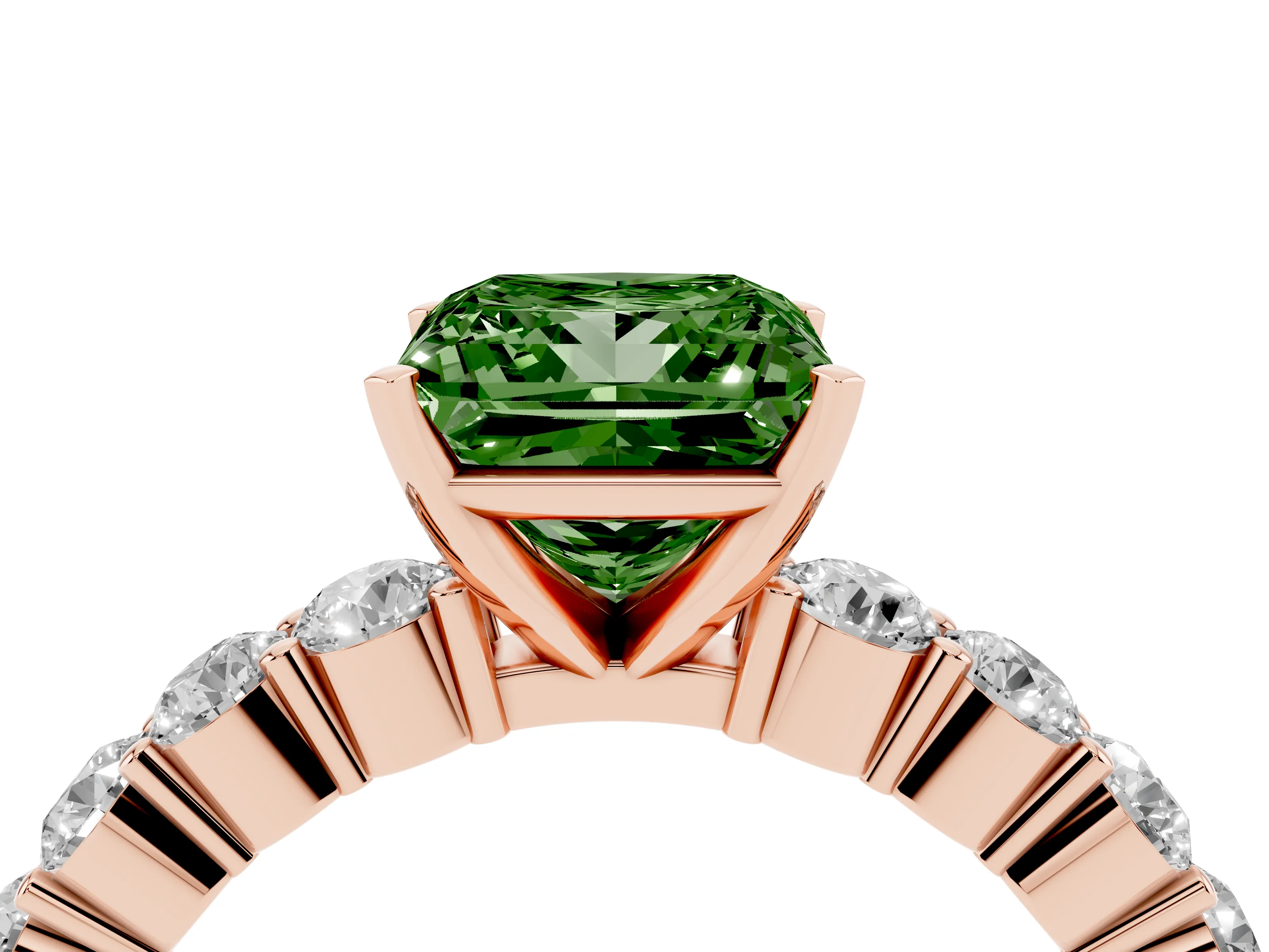 Fancy Green Princess Cut Diamond Solitaire Ring Set in Rose gold with Shared Prong Round Side Stones