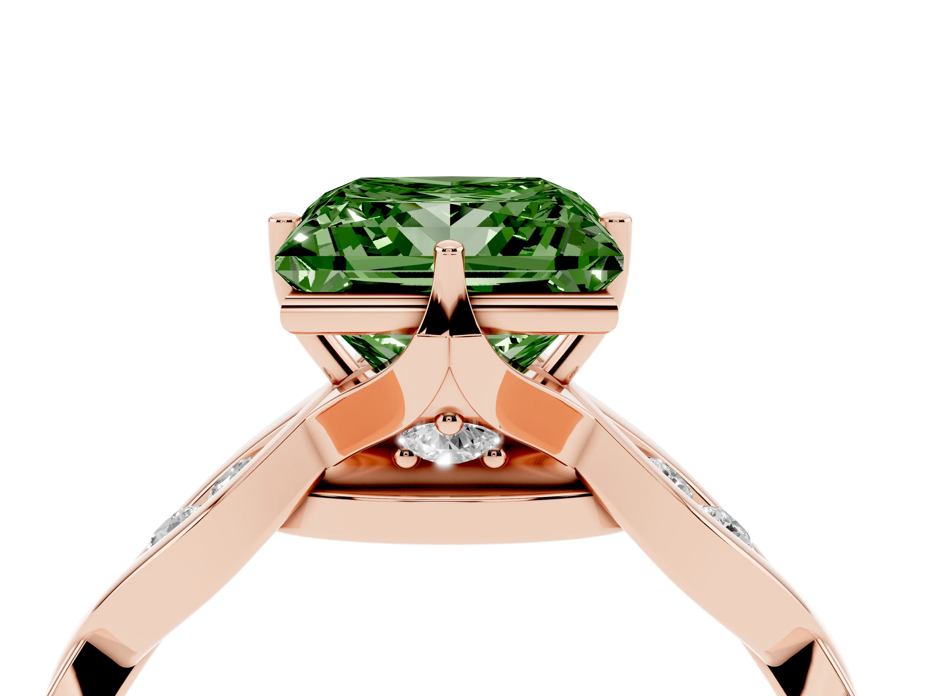 Fancy Green Princess Cut Diamond Twist Band Solitaire Ring Set in Rose gold with Leaf Prong Setting and Accent Stones