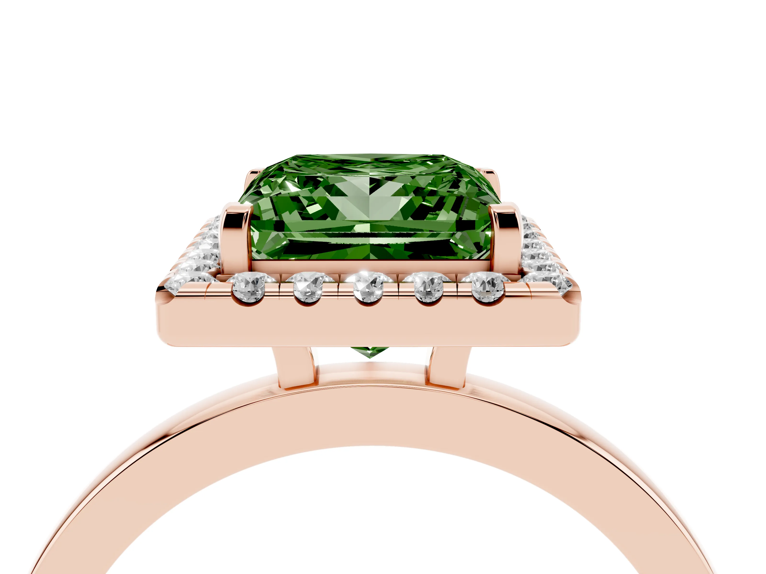 Fancy Green Princess Cut Diamond Halo Solitaire Ring Set in Rose gold with Pavé Band and Prong Setting