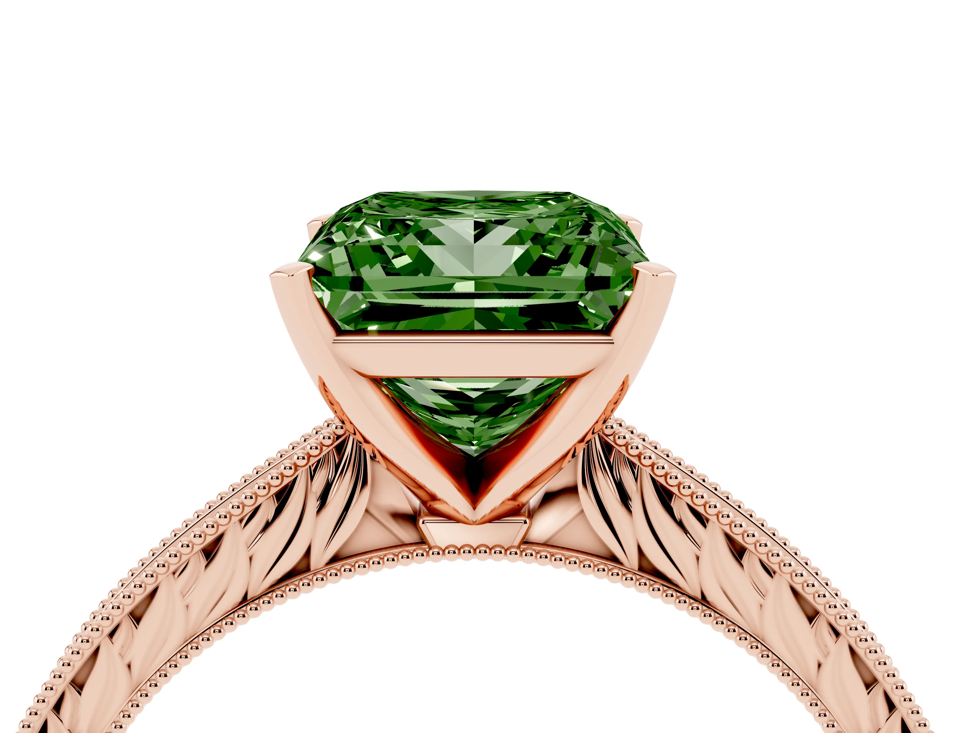 Fancy Green Princess Cut Diamond Solitaire Milgrain Engraved Band Set in Rose gold with Prong Setting