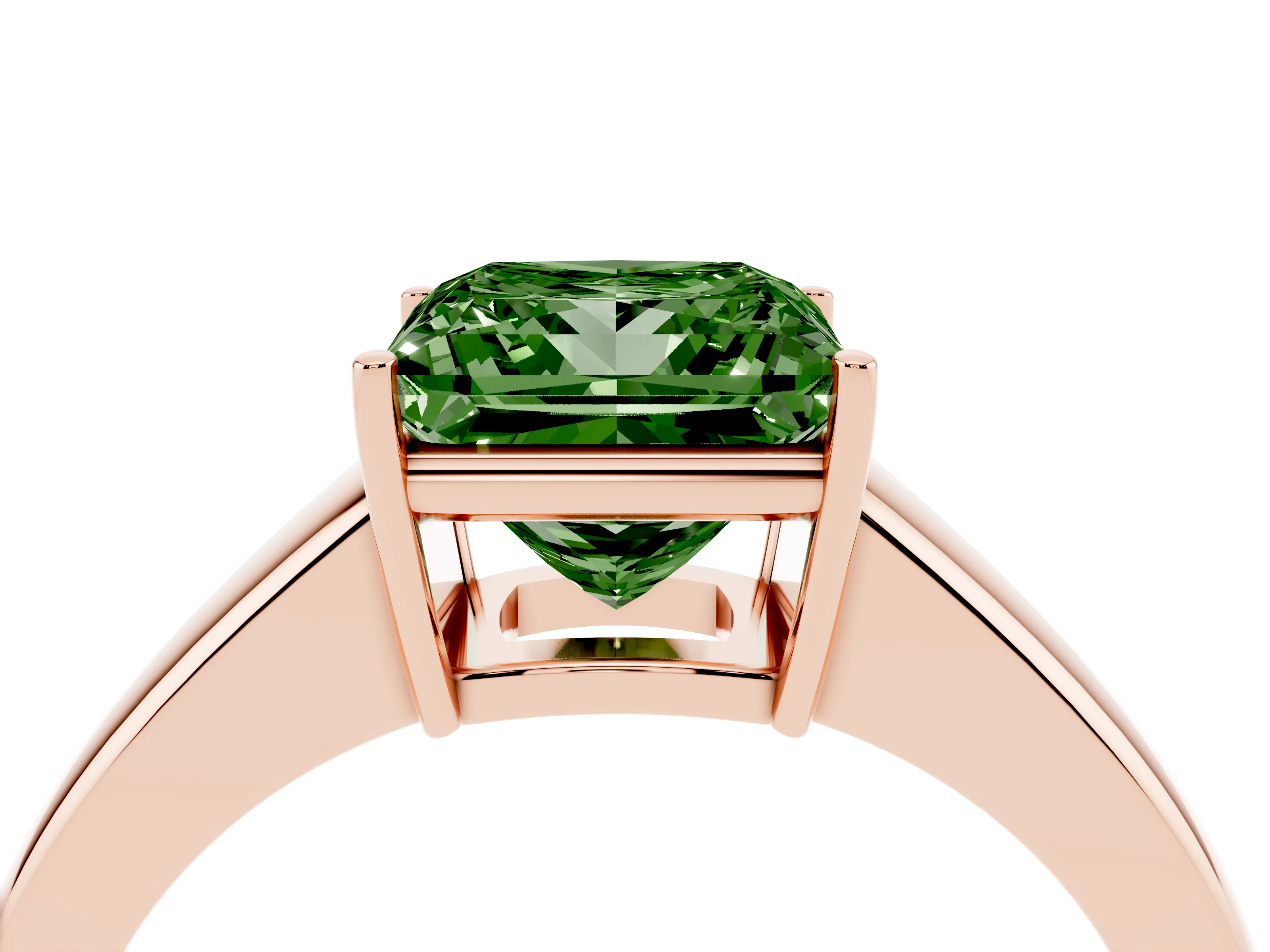 Fancy Green Princess Cut Diamond Solitaire Ring Set in Rose gold with Tapered Band and Prong Setting