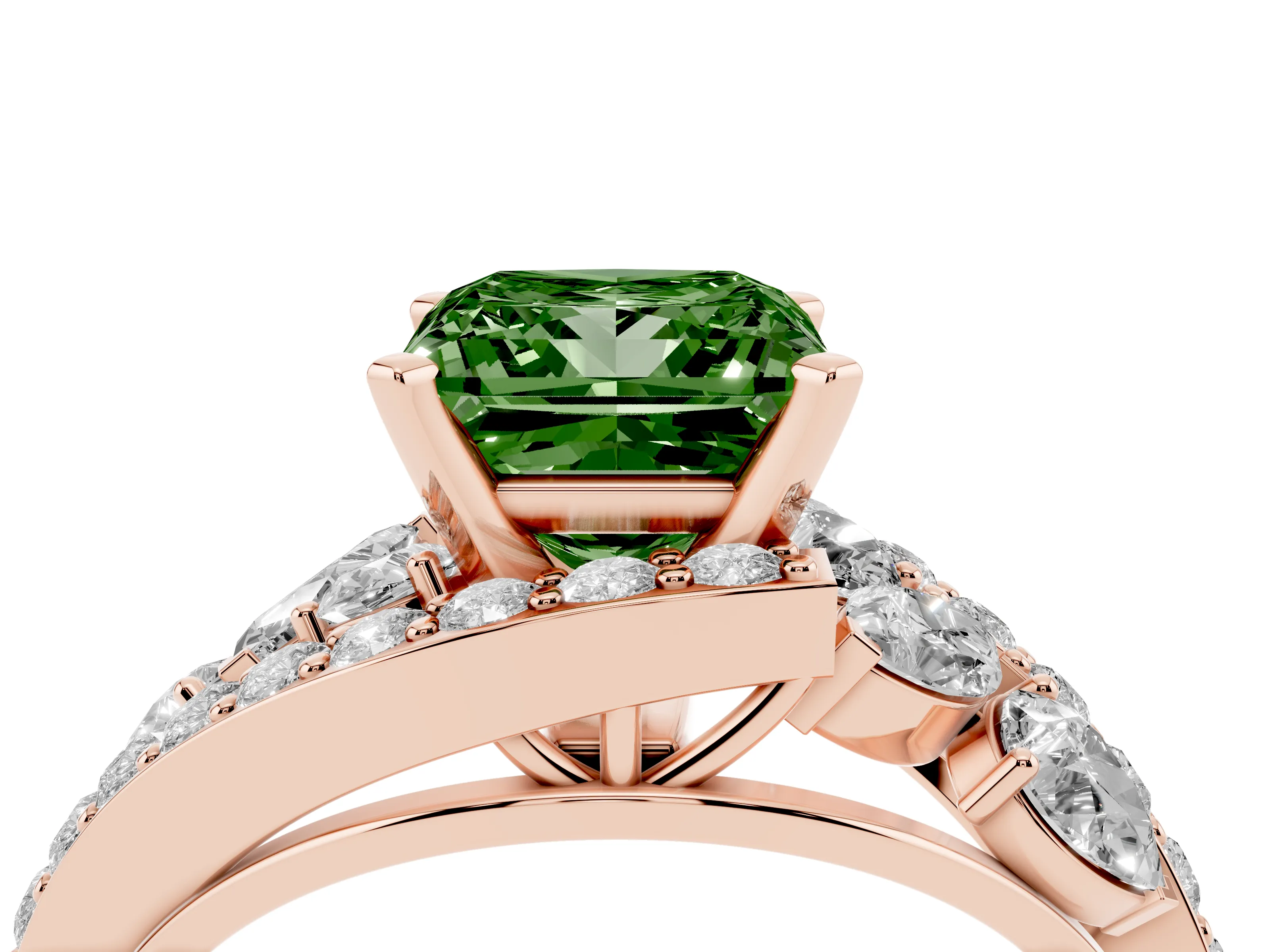 Fancy Green Princess Cut Diamond Halo Ring Set in Rose gold with Marquise and Pavé Band in Prong Setting