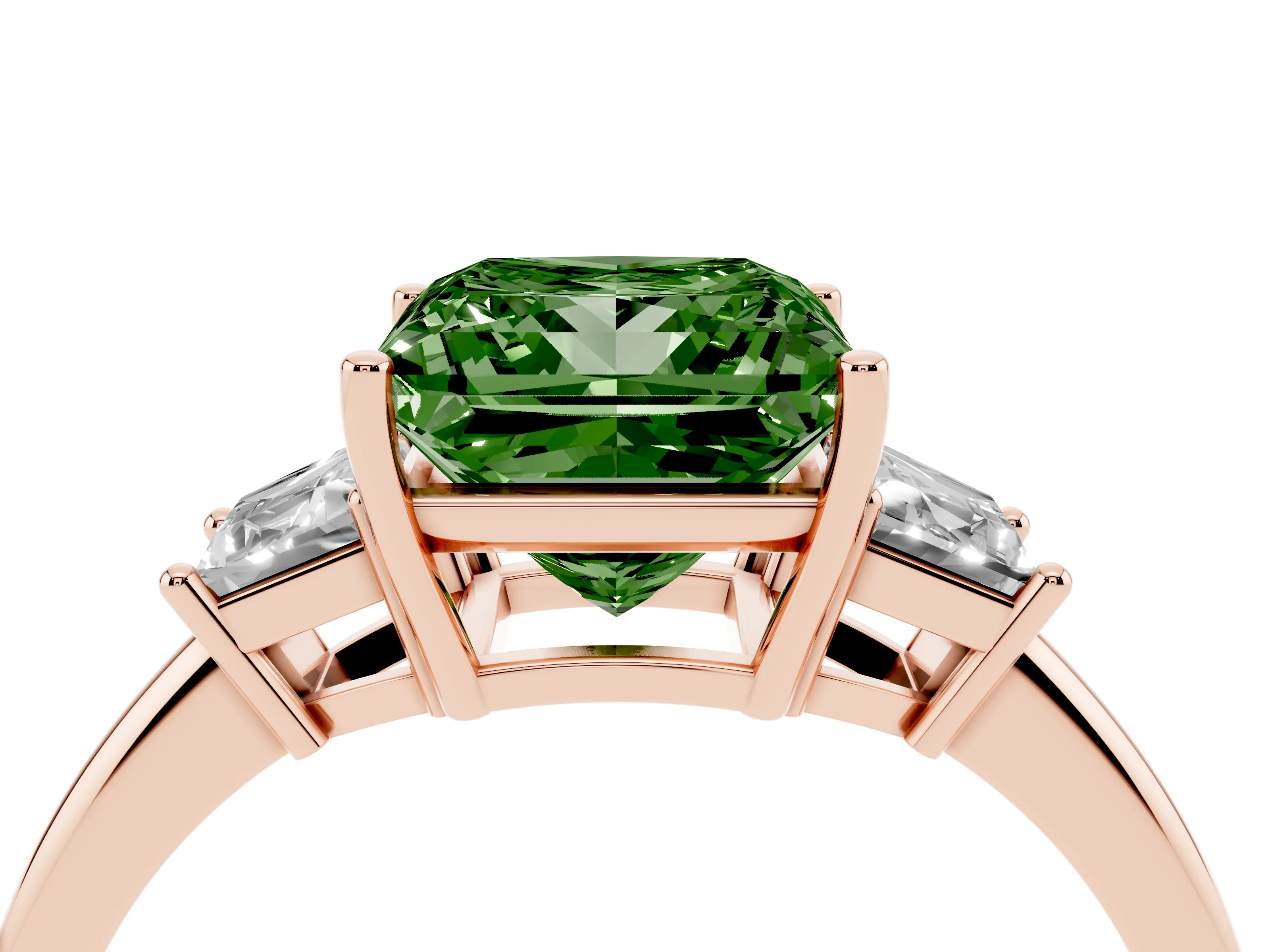 Fancy Green Princess Cut Diamond Three-Stone Ring Set in Rose gold with Trapezoid Side Stones and Prong Setting