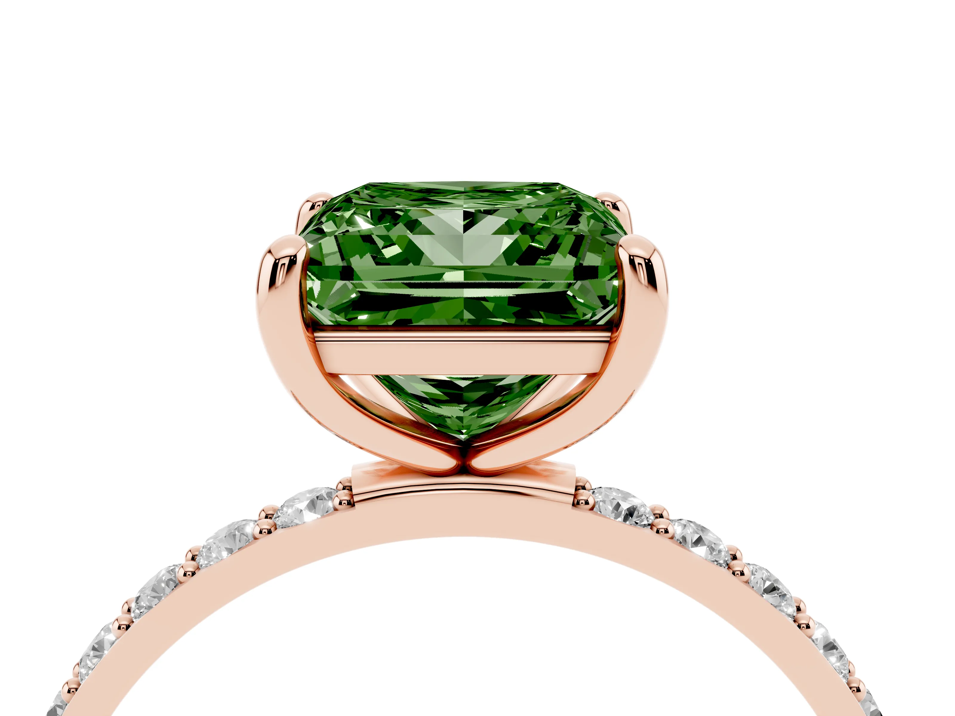 Fancy Green Princess Cut Diamond Solitaire Ring Set in Rose gold with Round Pavé Band and Prong Setting