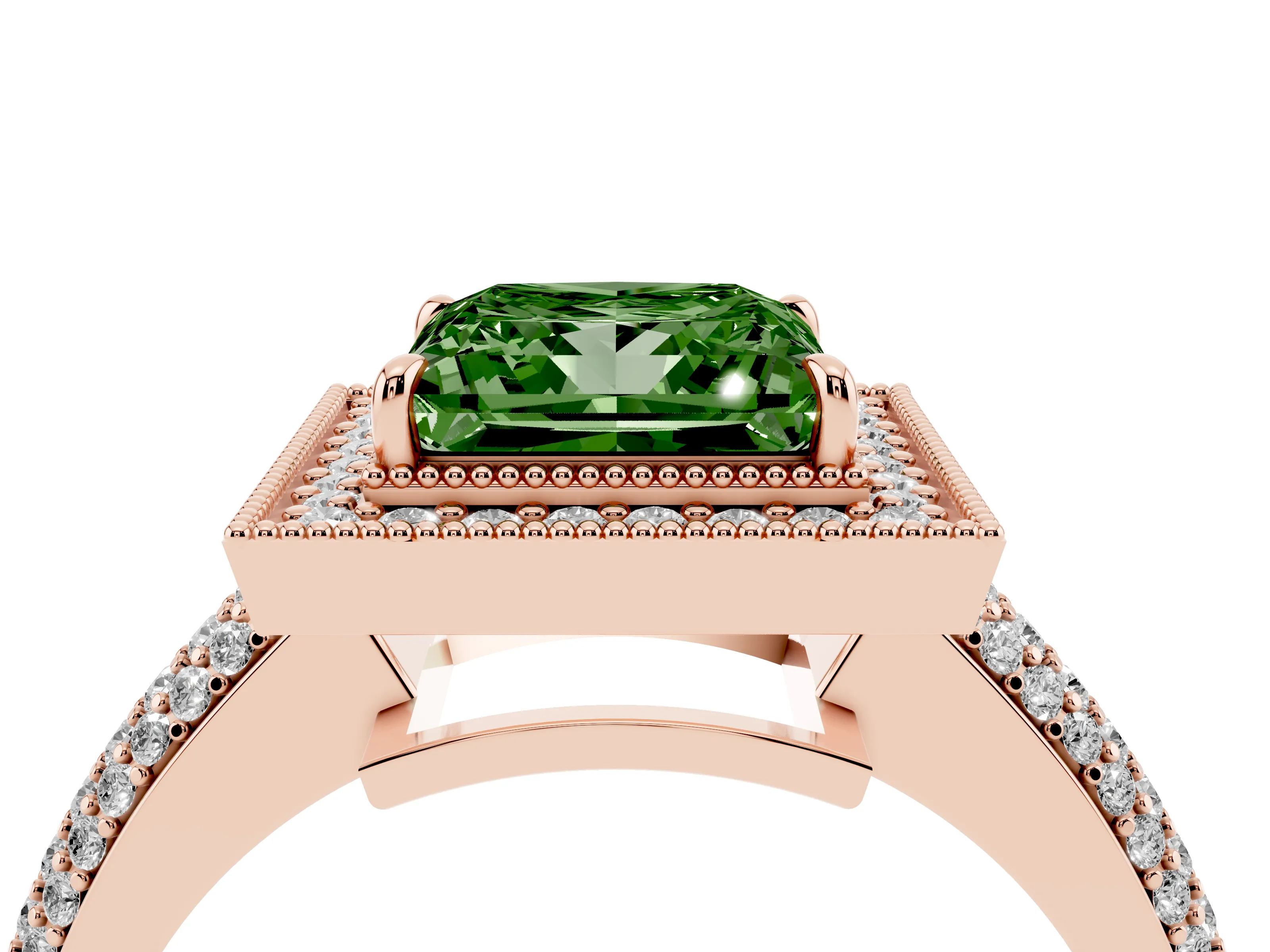 Fancy Green Princess Cut Diamond Halo Pavé Band Set in Rose gold with Prong Setting