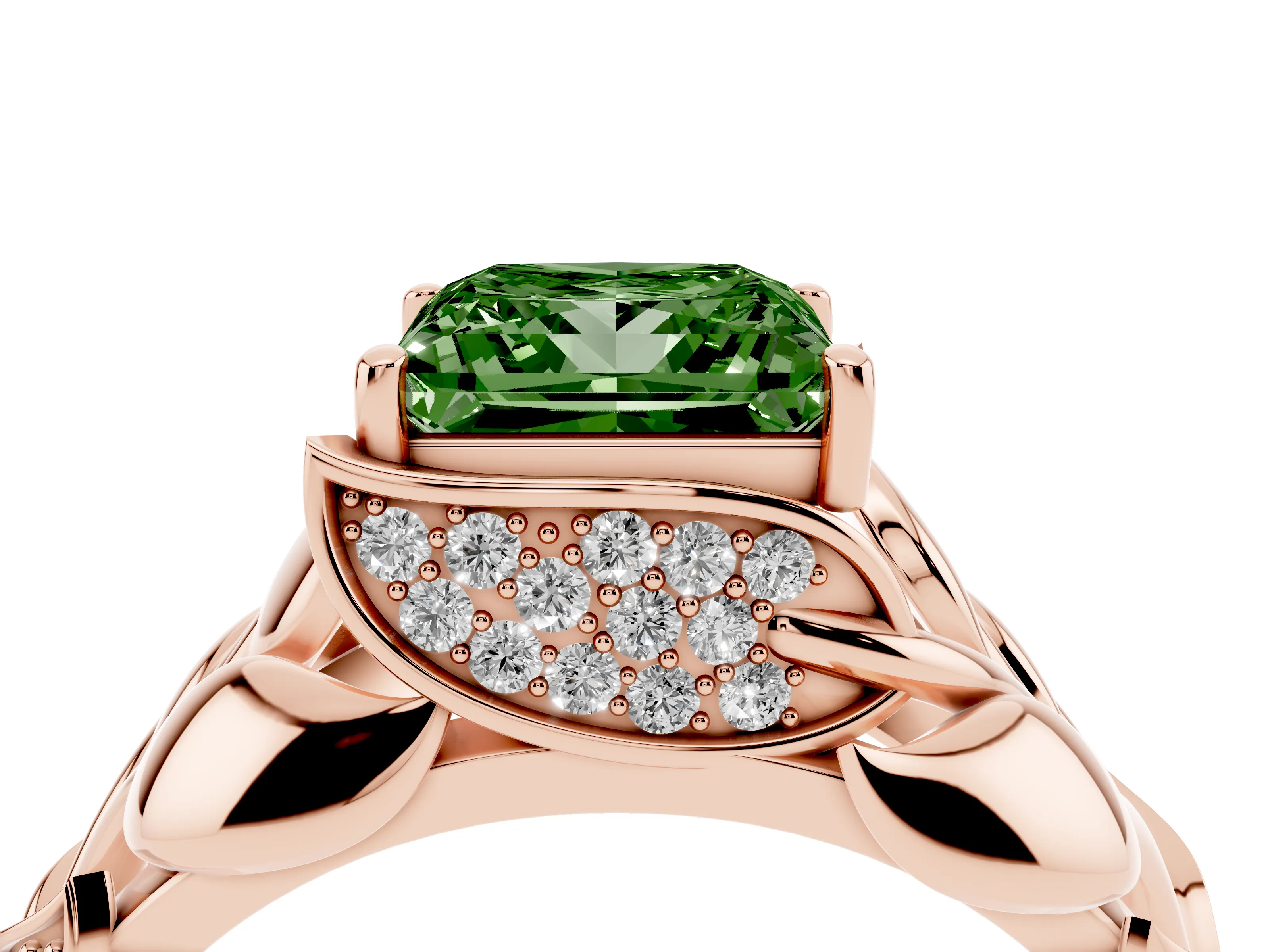 Fancy Green Princess Cut Diamond Leaf-Inspired Engagement Ring Set in Rose gold with Round Accents