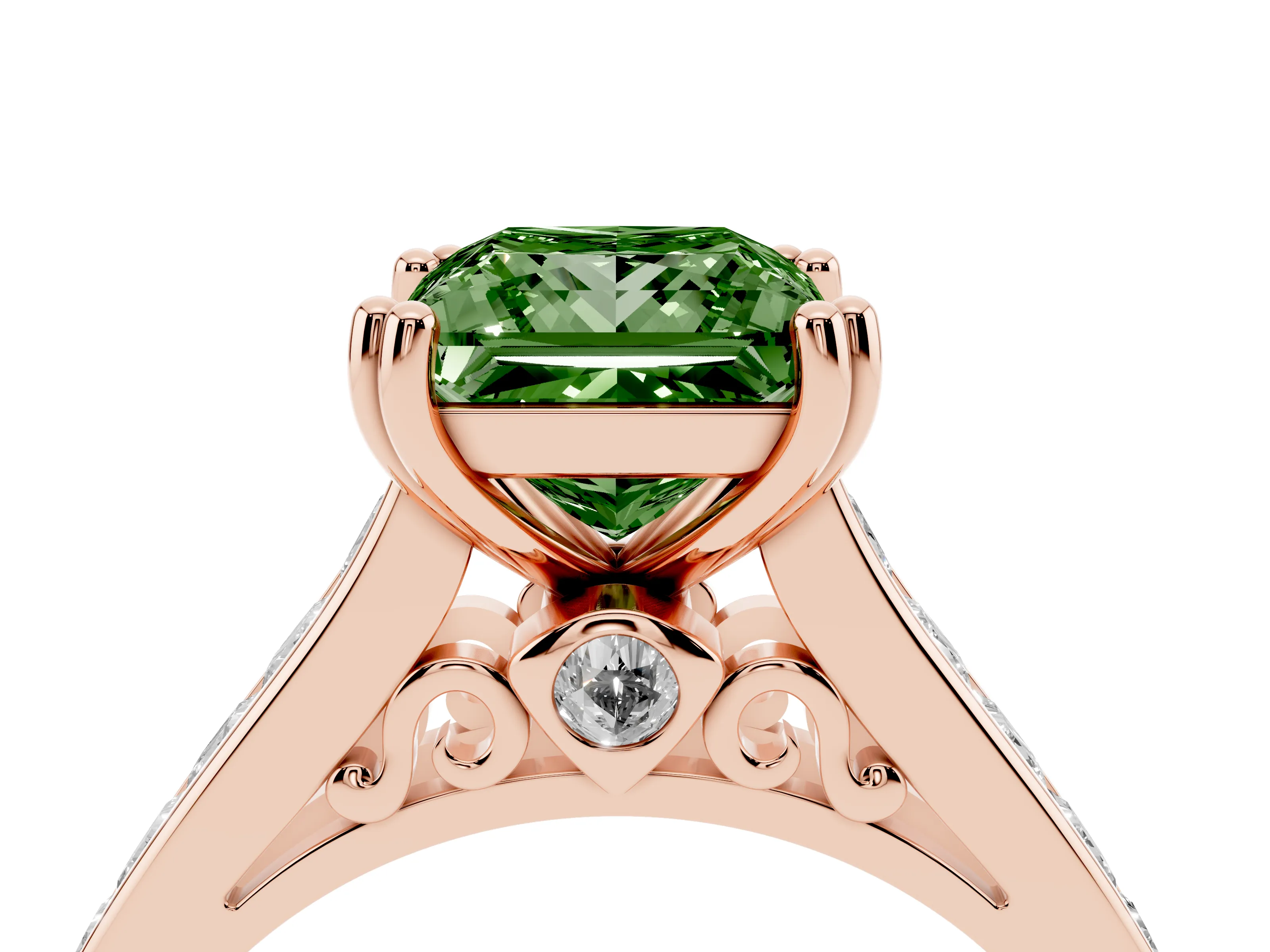 Fancy Green Princess Cut Diamond Channel Set Solitaire Engagement Ring Set in Rose gold with Prong Setting