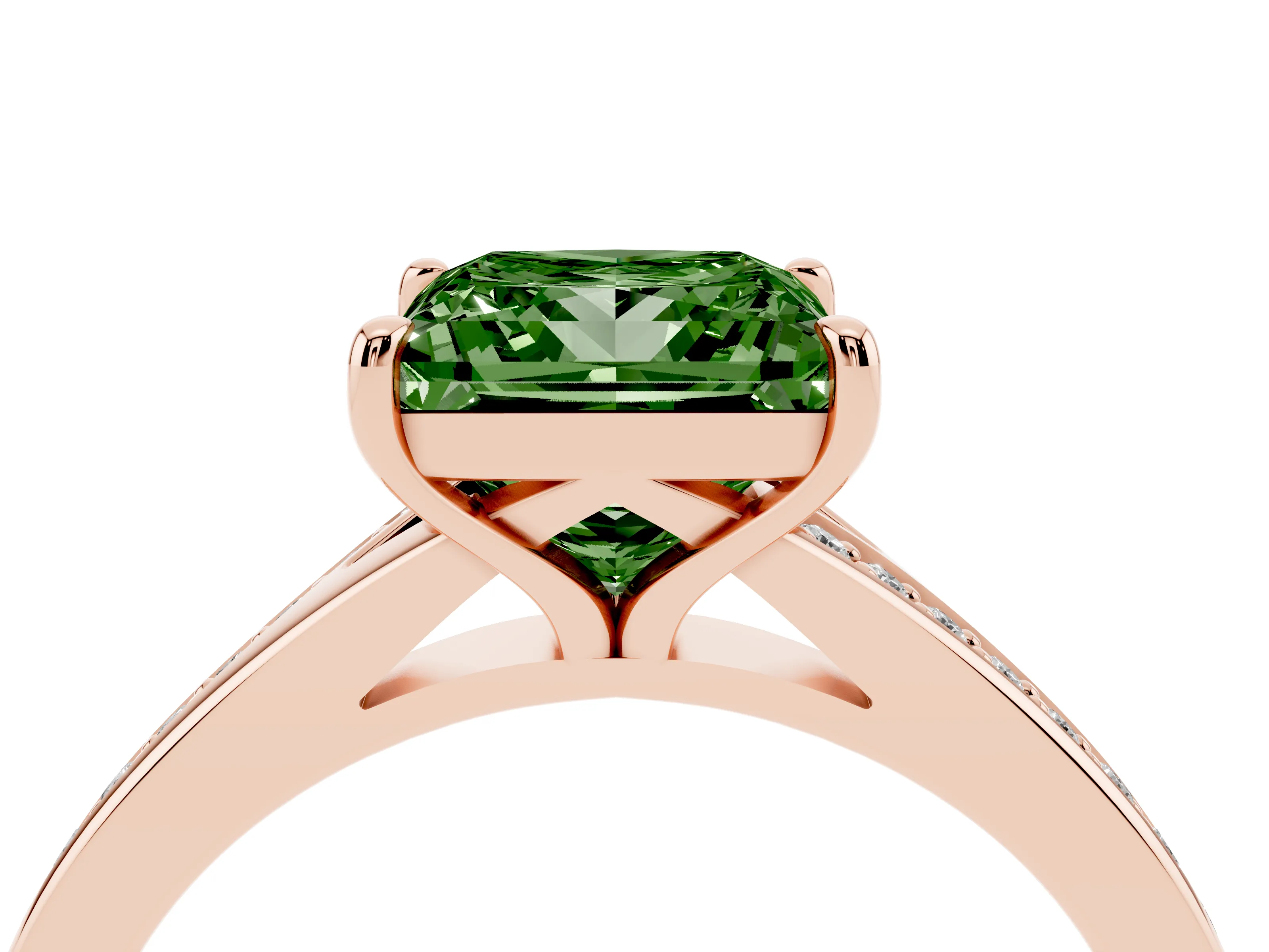 Fancy Green Princess Cut Diamond Solitaire Ring Set in Rose gold with Pavé Accent Band and Classic Prong Setting