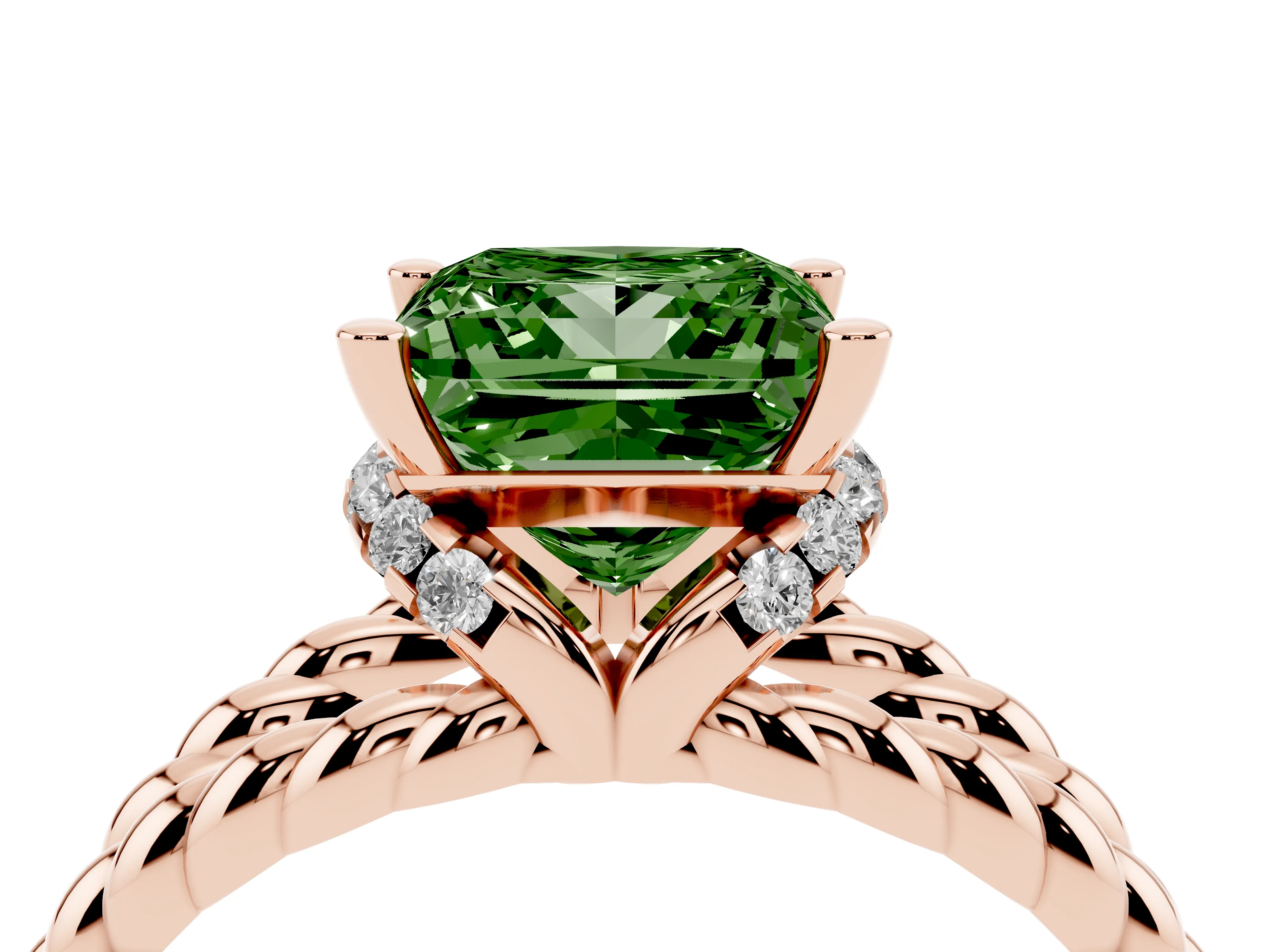 Fancy Green Princess Cut Diamond Halo Ring Set in Rose gold with Twisted Band and Prong Setting