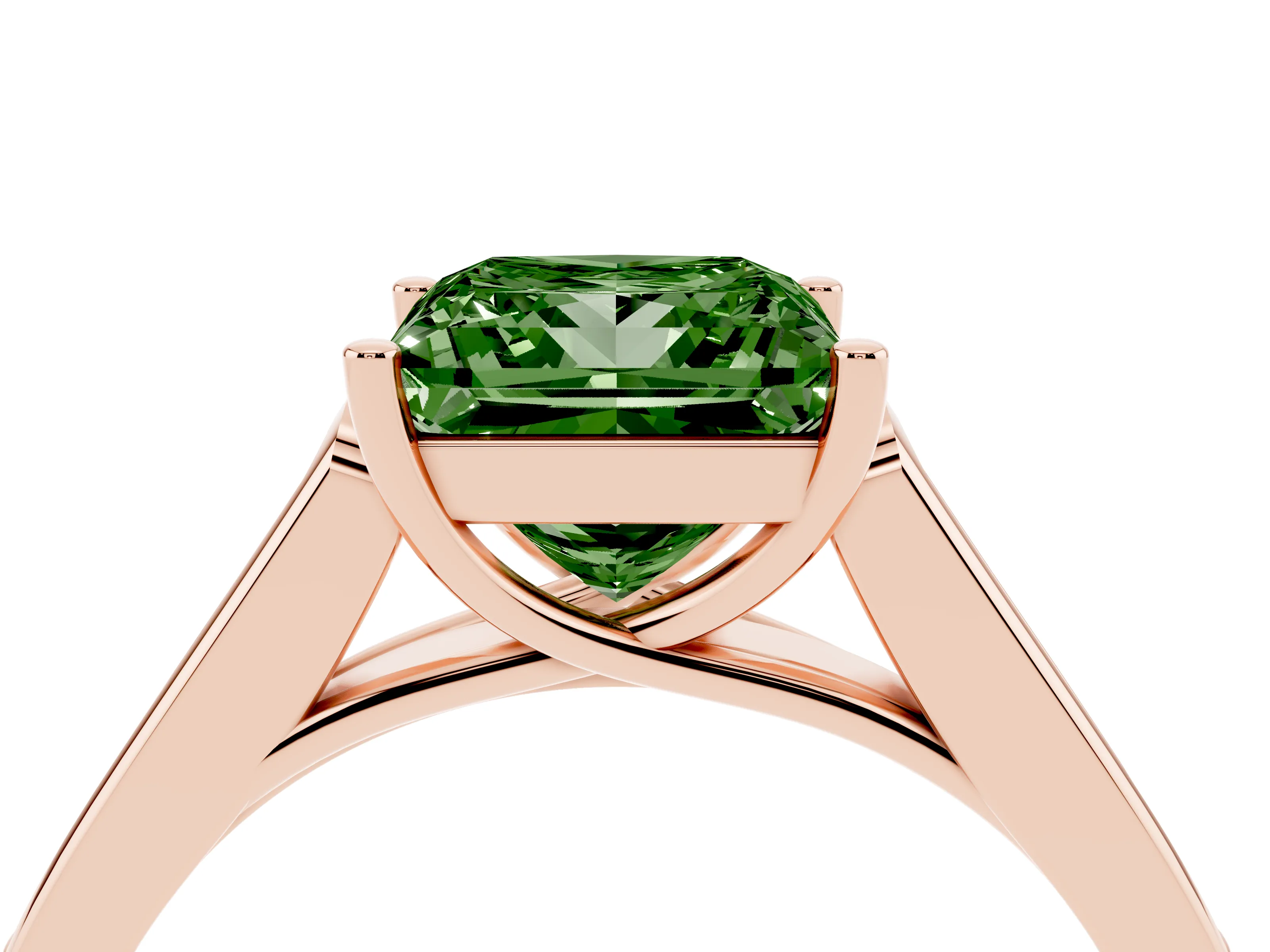Fancy Green Princess Cut Diamond Solitaire Cathedral Engagement Ring Set in Rose gold with Channel-Set Band and Prong Setting