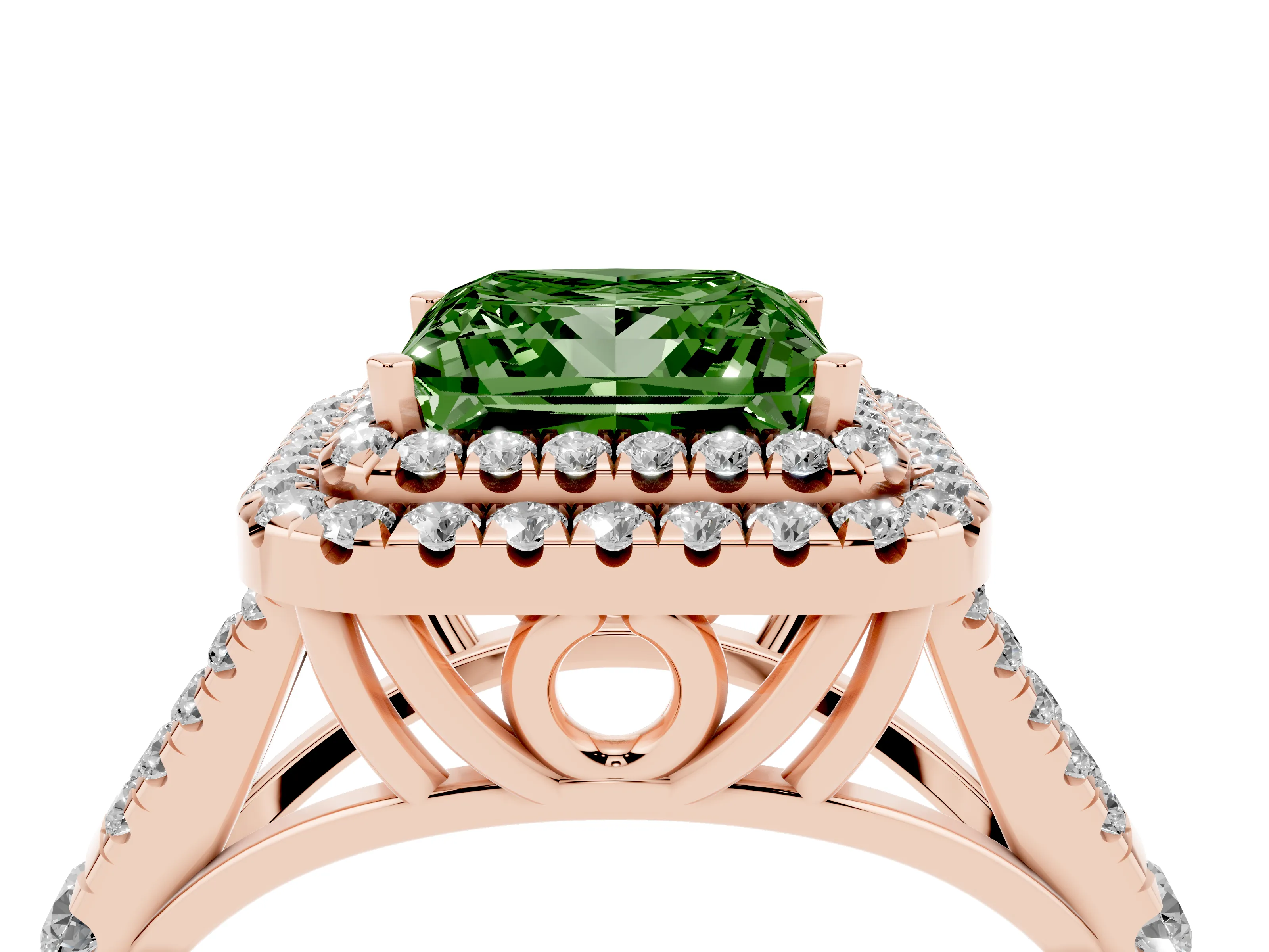 Fancy Green Princess Cut Diamond Pavé Split Shank Double Halo Engagement Ring Set in Rose gold