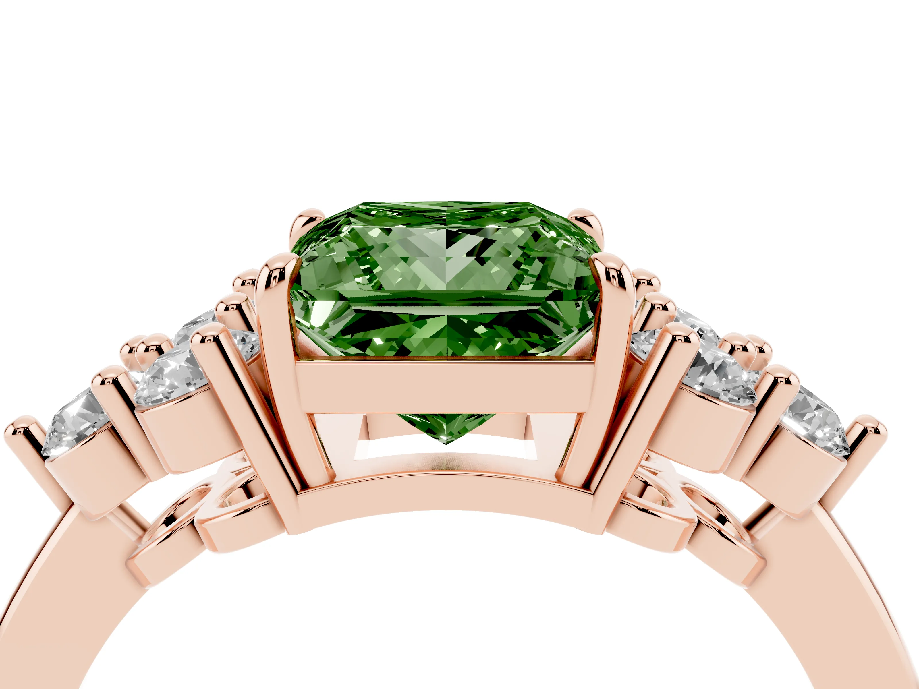 Fancy Green Princess Cut Diamond Solitaire Ring Set in Rose gold with Cluster Accents on Each Side