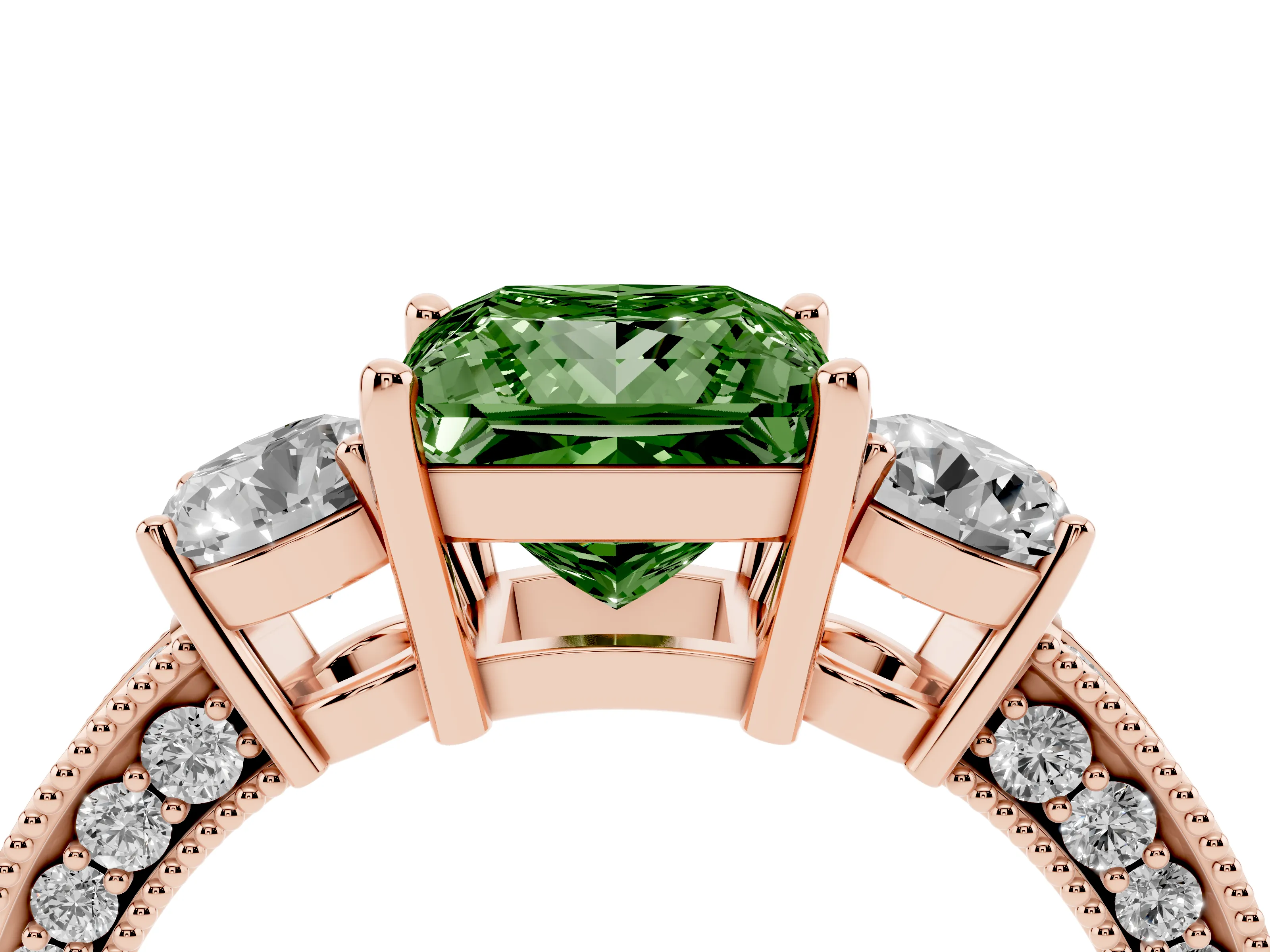 Fancy Green Princess Cut Diamond Three-Stone Ring Set in Rose gold with Round Side Stones and Pavé Band