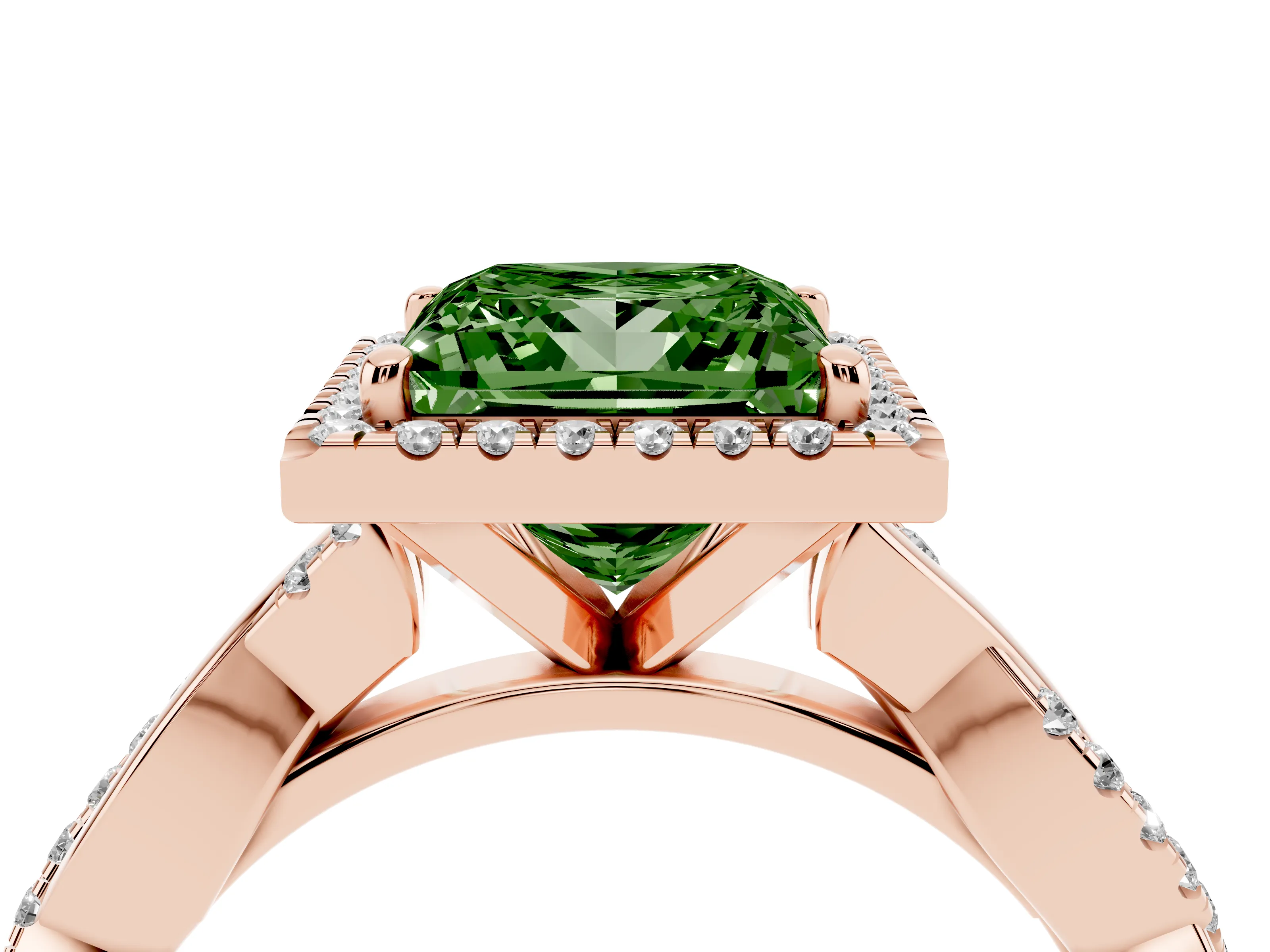 Fancy Green Princess Cut Diamond Halo Twisted Band Ring Set in Rose gold with Prong Setting