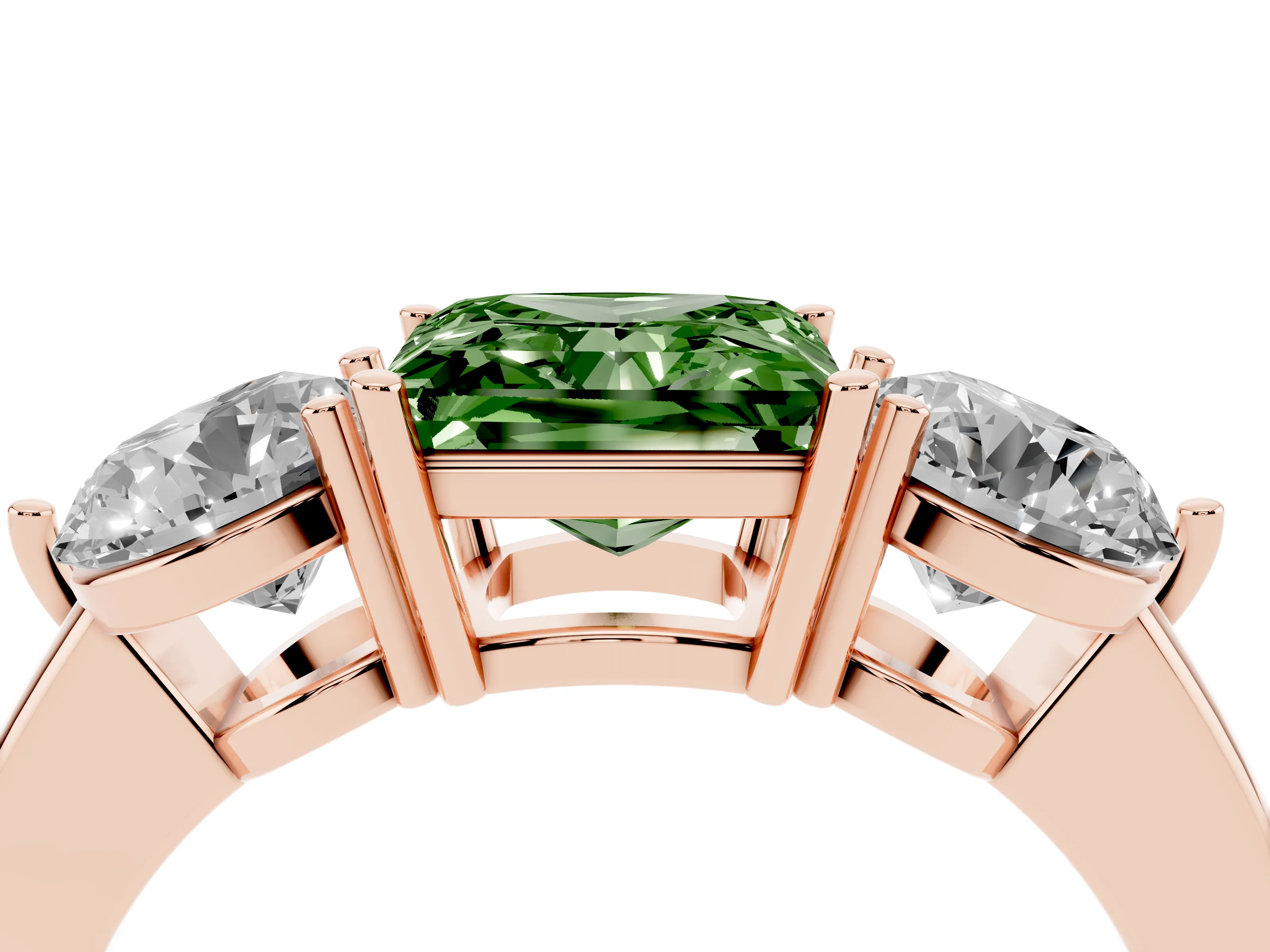 Fancy Green Princess Cut Diamond Three-Stone Ring Set in Rose gold with Prong Setting and Plain Band